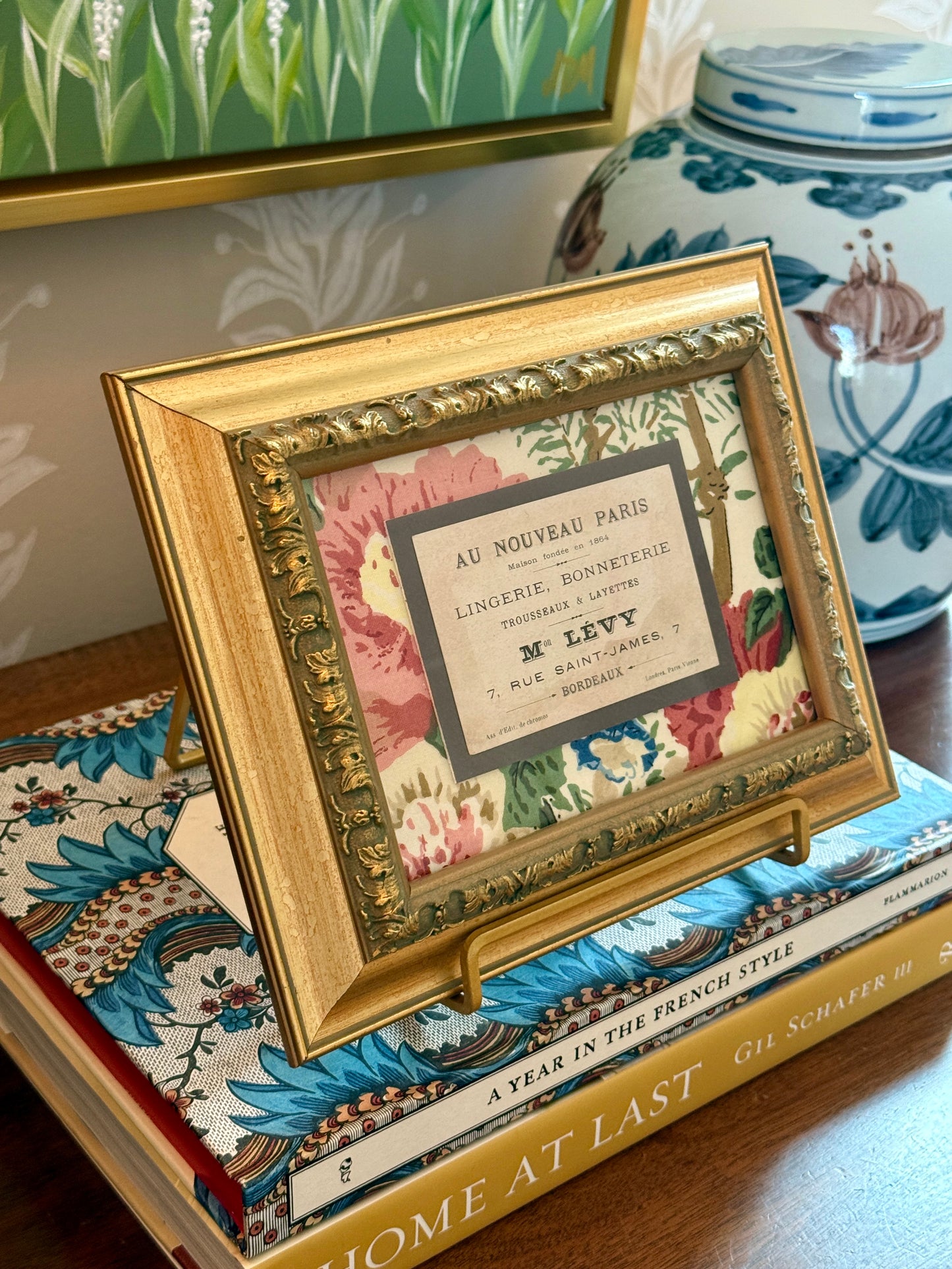 Late 19th Century Parisian Lingerie Trade Card on Lee Jofa Althea Fabric in Gold Frame