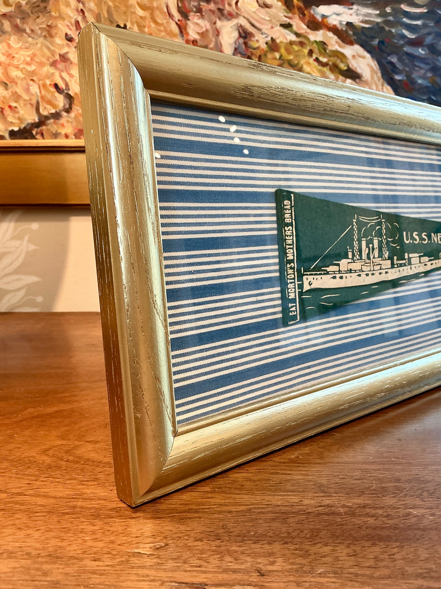 Vintage U.S.S. New York Naval Ship Wool Pennant on Blue Stripes in Gold Frame