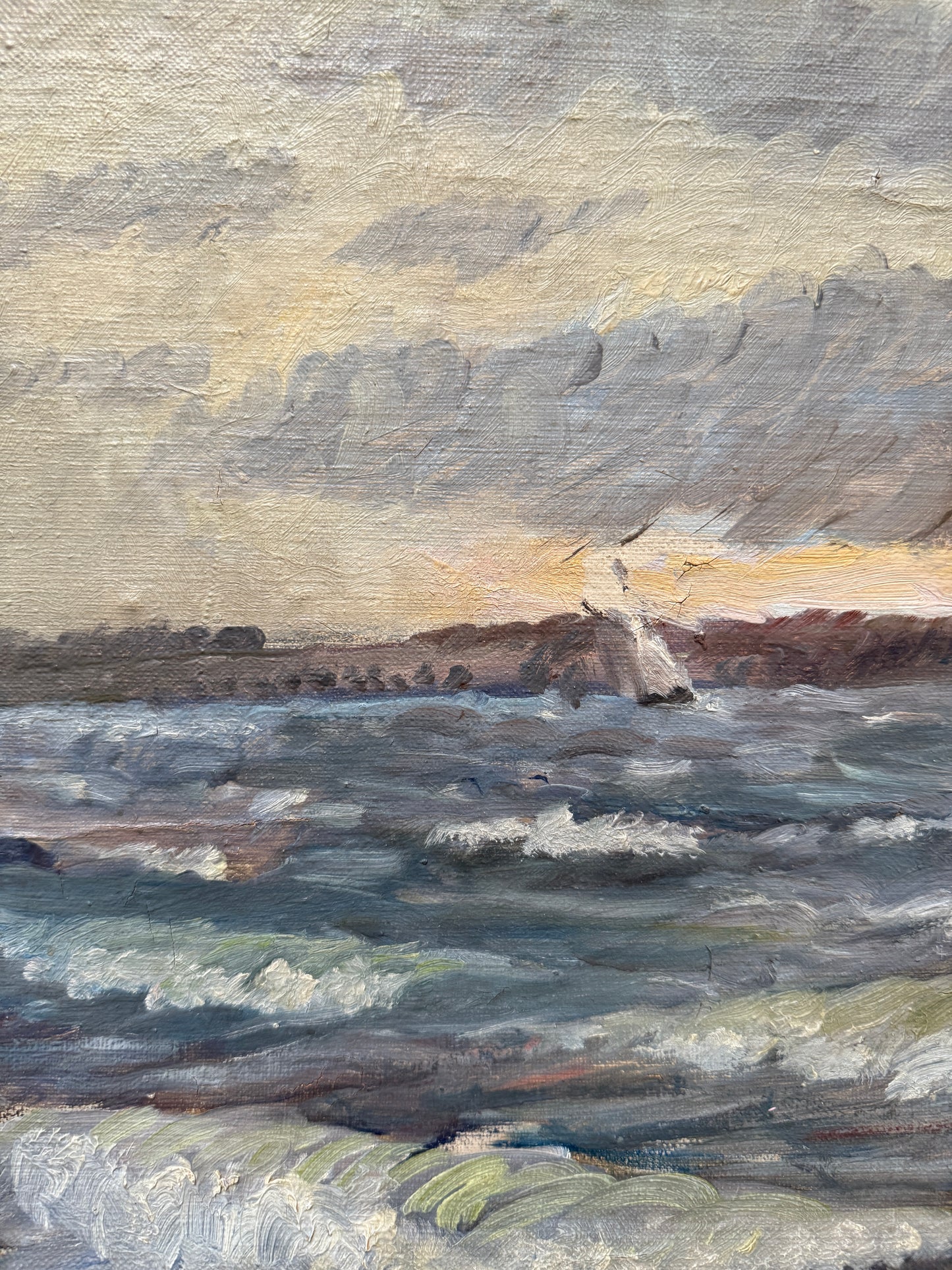 1937 Sailboats in Seascape Oil Painting in Painted Wood Frame