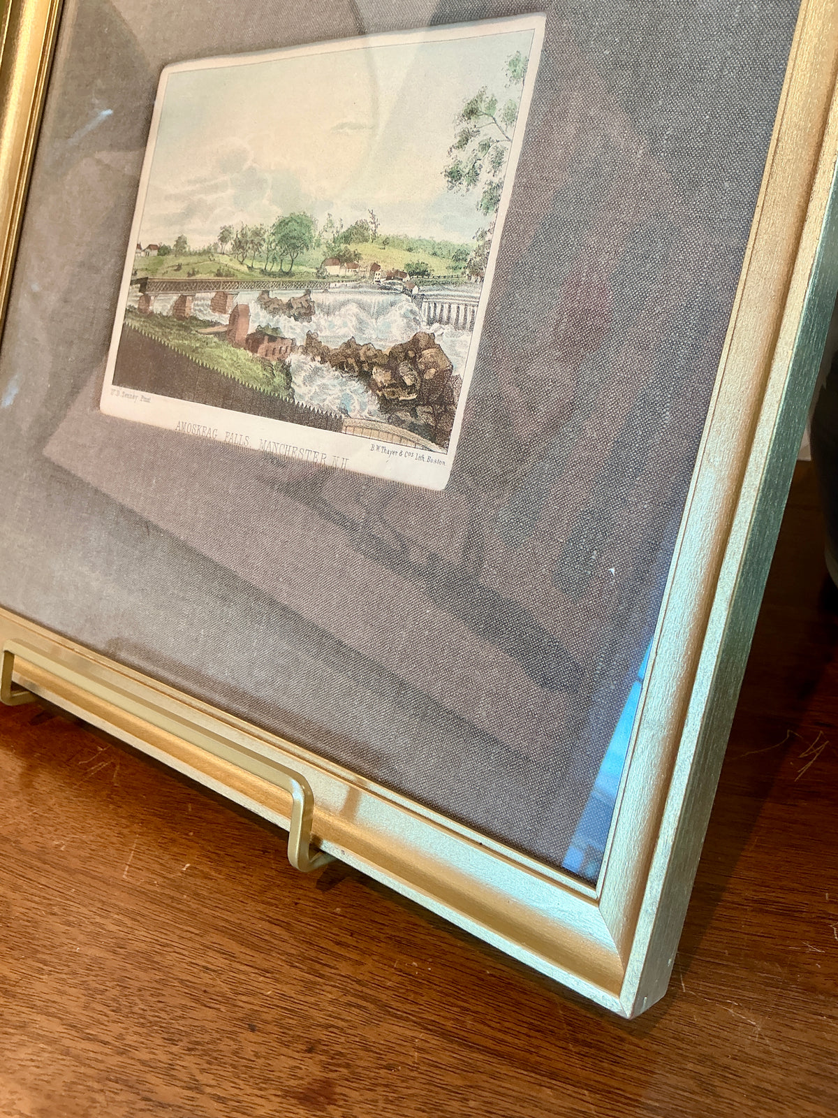 19th Century Hand Colored Amoskeag Falls Manchester New Hampshire Landscape Lithograph Wrapped in Belgian Linen Mat in Gold Frame