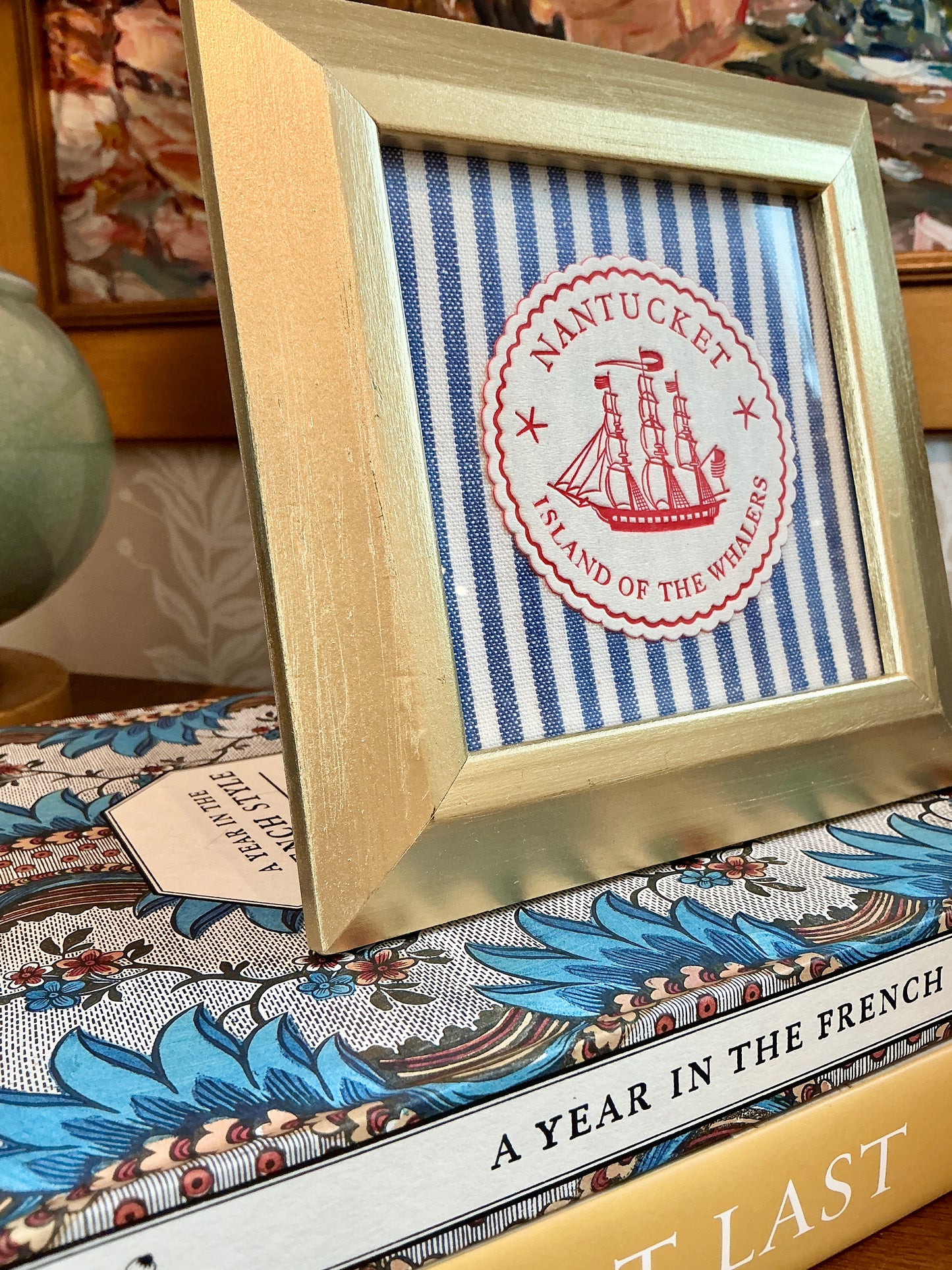 Nantucket Island of the Whalers Vintage 1950s Cocktail Napkin on Blue Stripes in Gold Frame