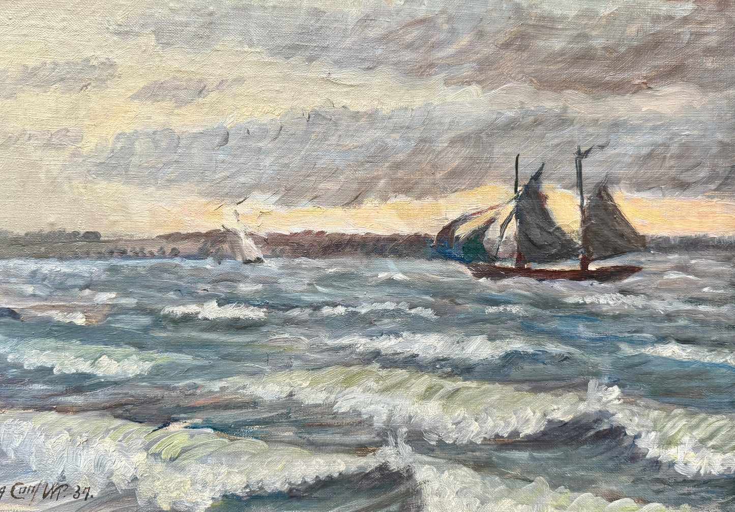 1937 Sailboats in Seascape Oil Painting in Painted Wood Frame
