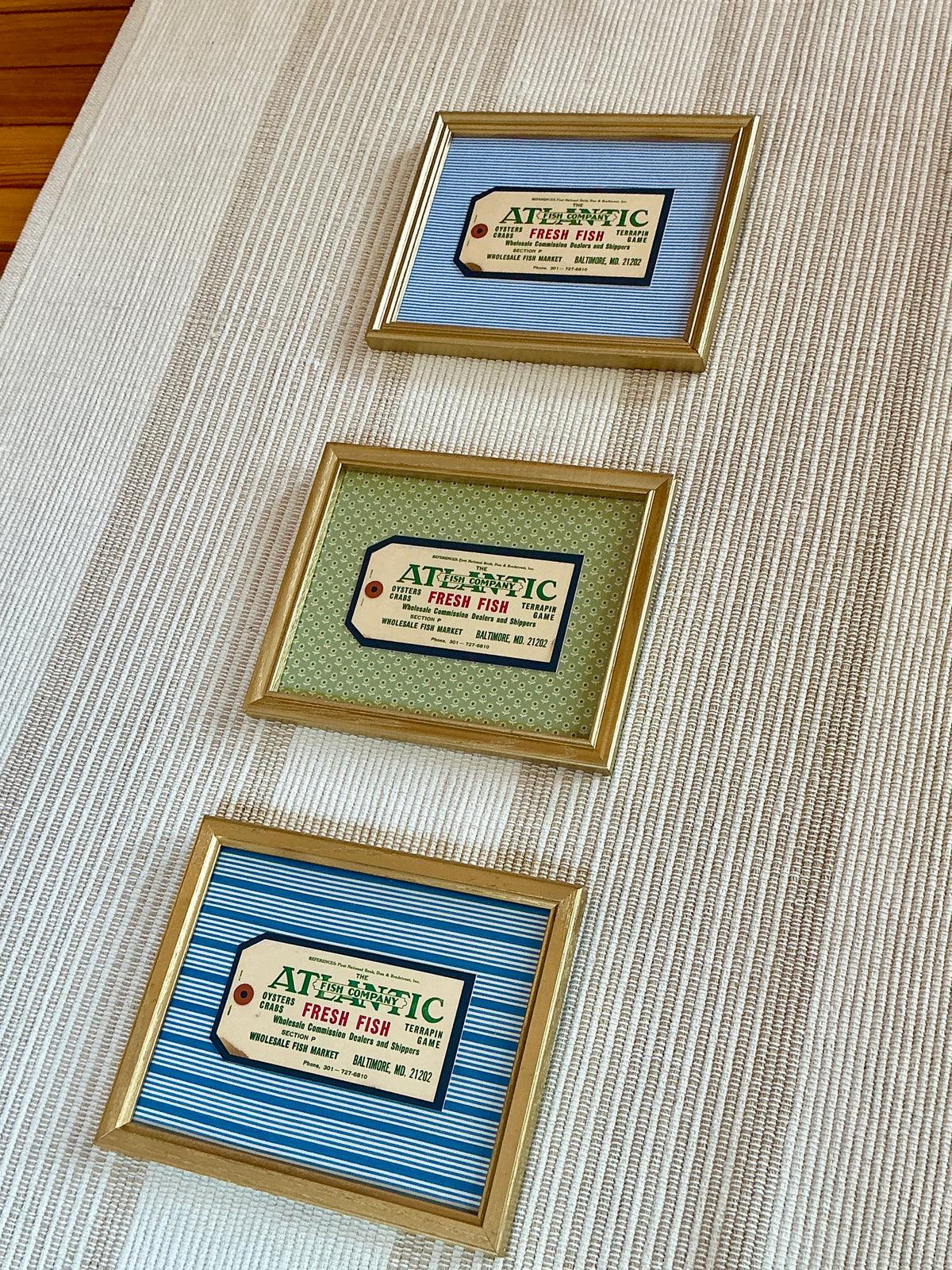 Vintage Fresh Fish Old Baltimore Maryland Fishmonger's Tag on Blue Ticking Stripes in Gold Frame