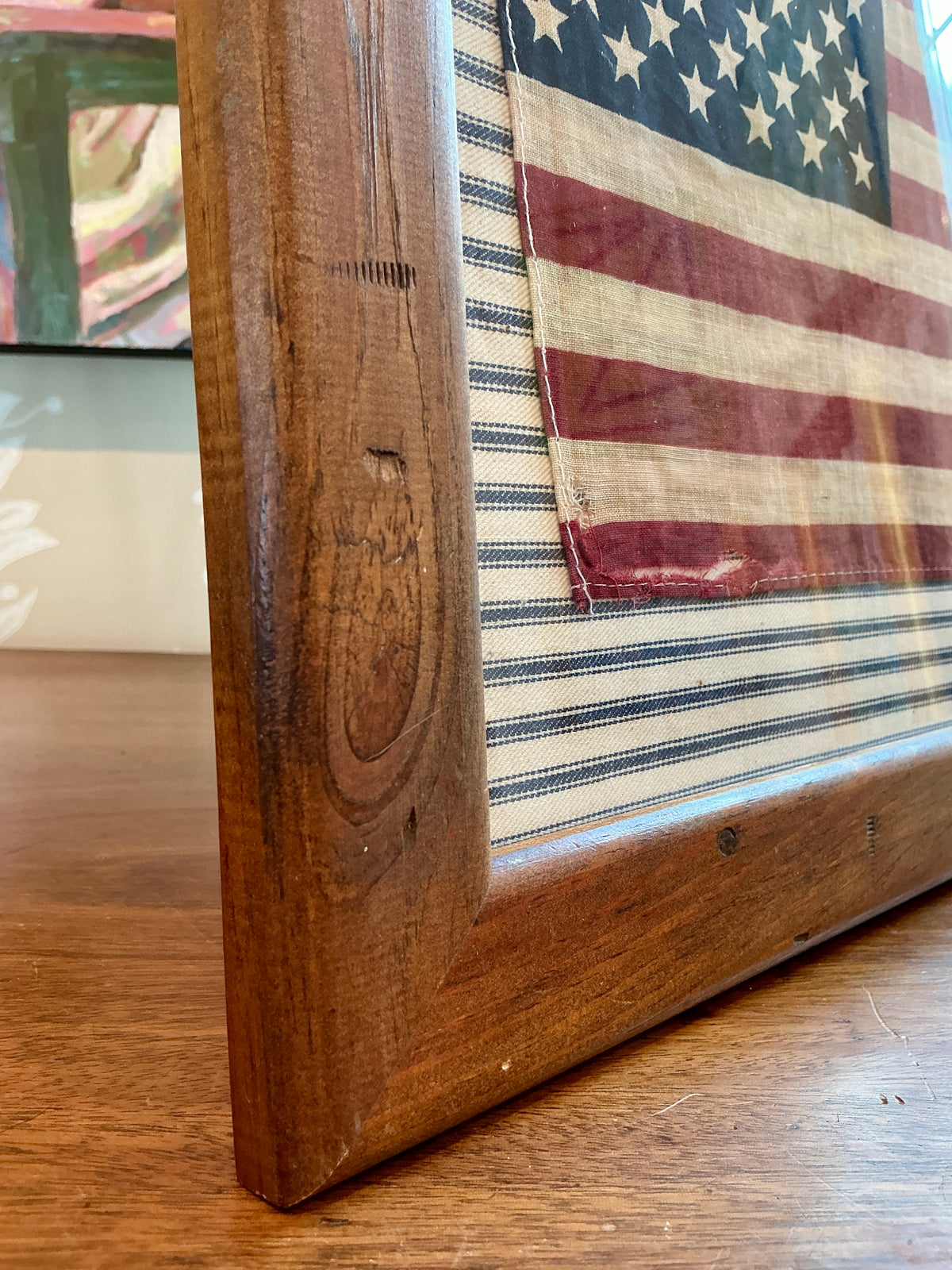 Vintage 50 Star American Flag on Blue and White Stripes in Pine Frame