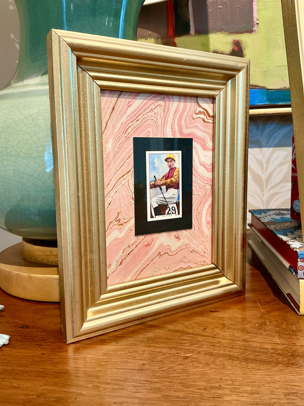 Set of 4 1936 Jockey Tobacco Cards on Pink Hand Marbled Mount in Gold Frames