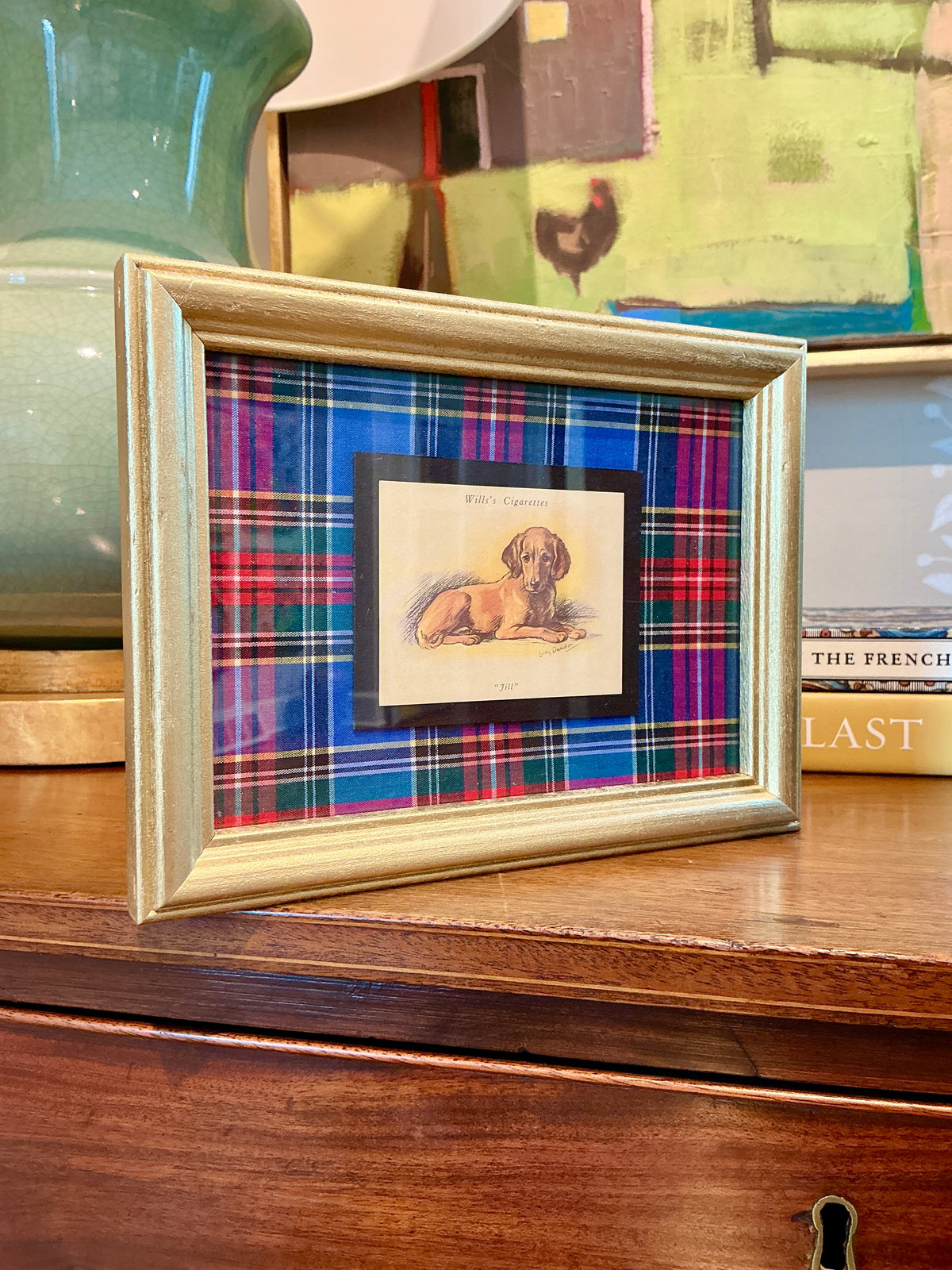 Set of 3 1930s Tobacco Cards With Dogs on Plaid in Gold Frame