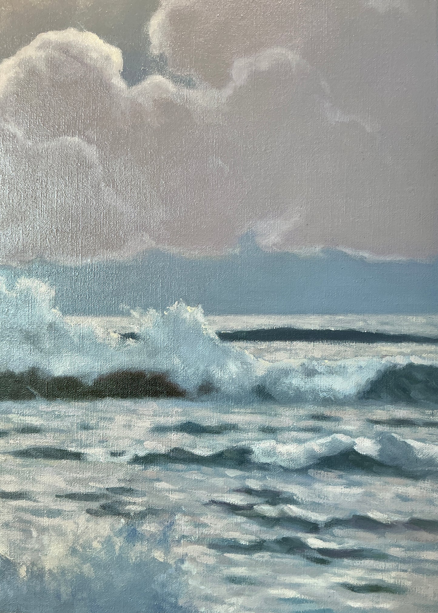 Anthony R. Thompson Moonlit Surf Monhegan Island Maine Seascape Oil Painting in Gold Frame