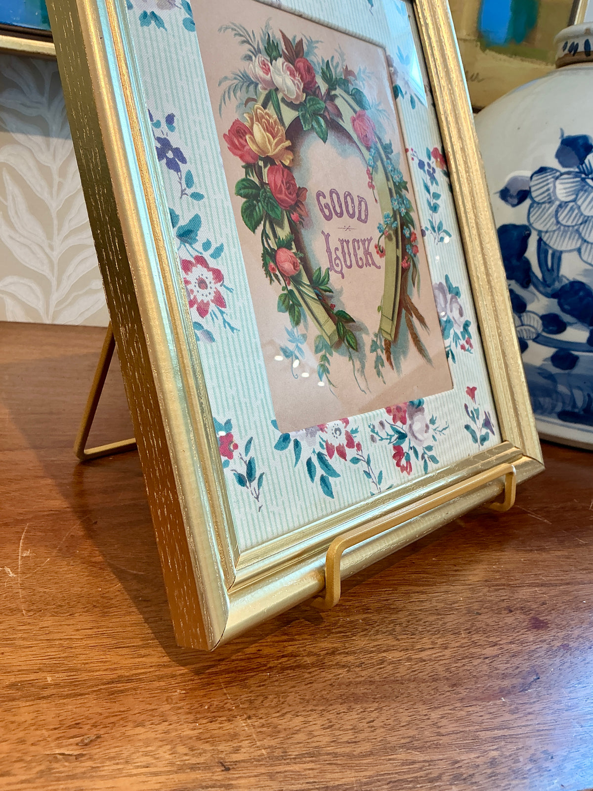 Antique 19th Century Good Luck Horseshoe Card in Vintage Floral Wrapped Mat in Gold Frame
