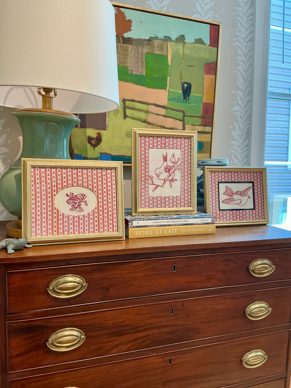 Antique Redwork Bird Embroidery in Pink Floral Brunschwig & Fils Oval Wrapped Mat in Gold Frame