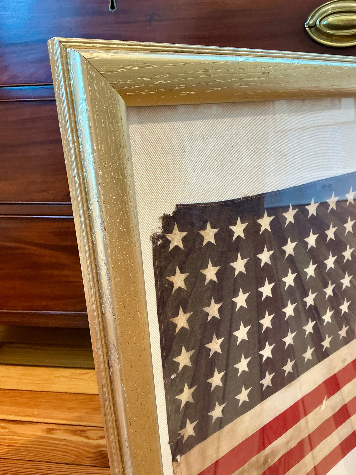 Vintage 48 Star American Flag on Ivory Duck Cloth in Gold Frame