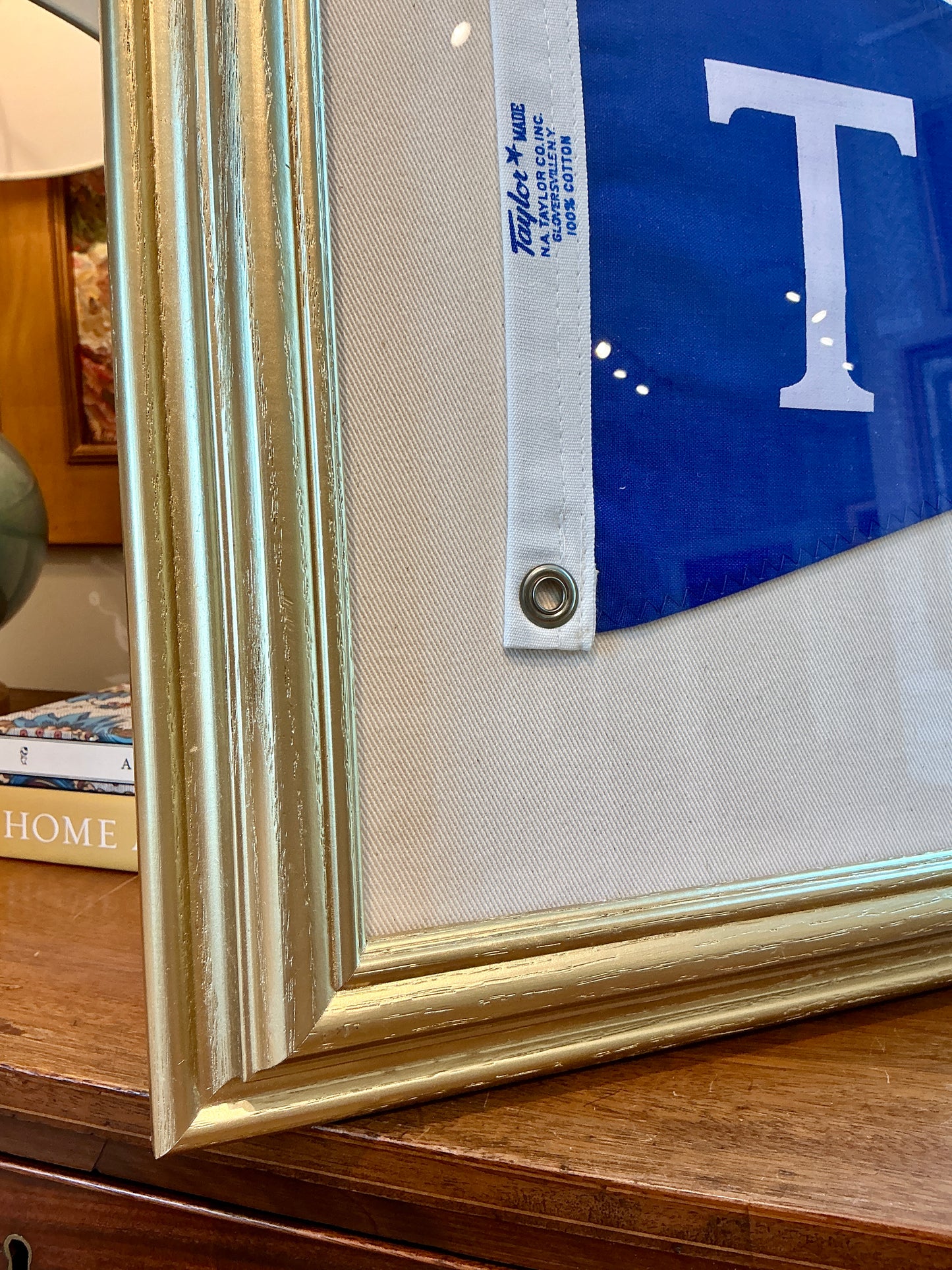 Vintage Blue Canvas "T" Burgee Nautical Flag on Ivory Duck Cloth in Gold Frame
