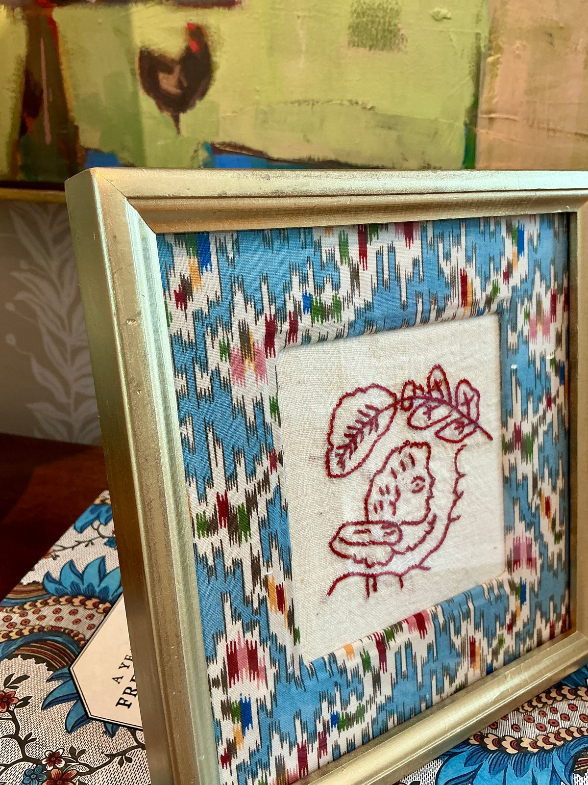 Antique Redwork Butterfly Embroidery in Vintage Cowtan Tout Fabric Wrapped Mat in Gold Frame