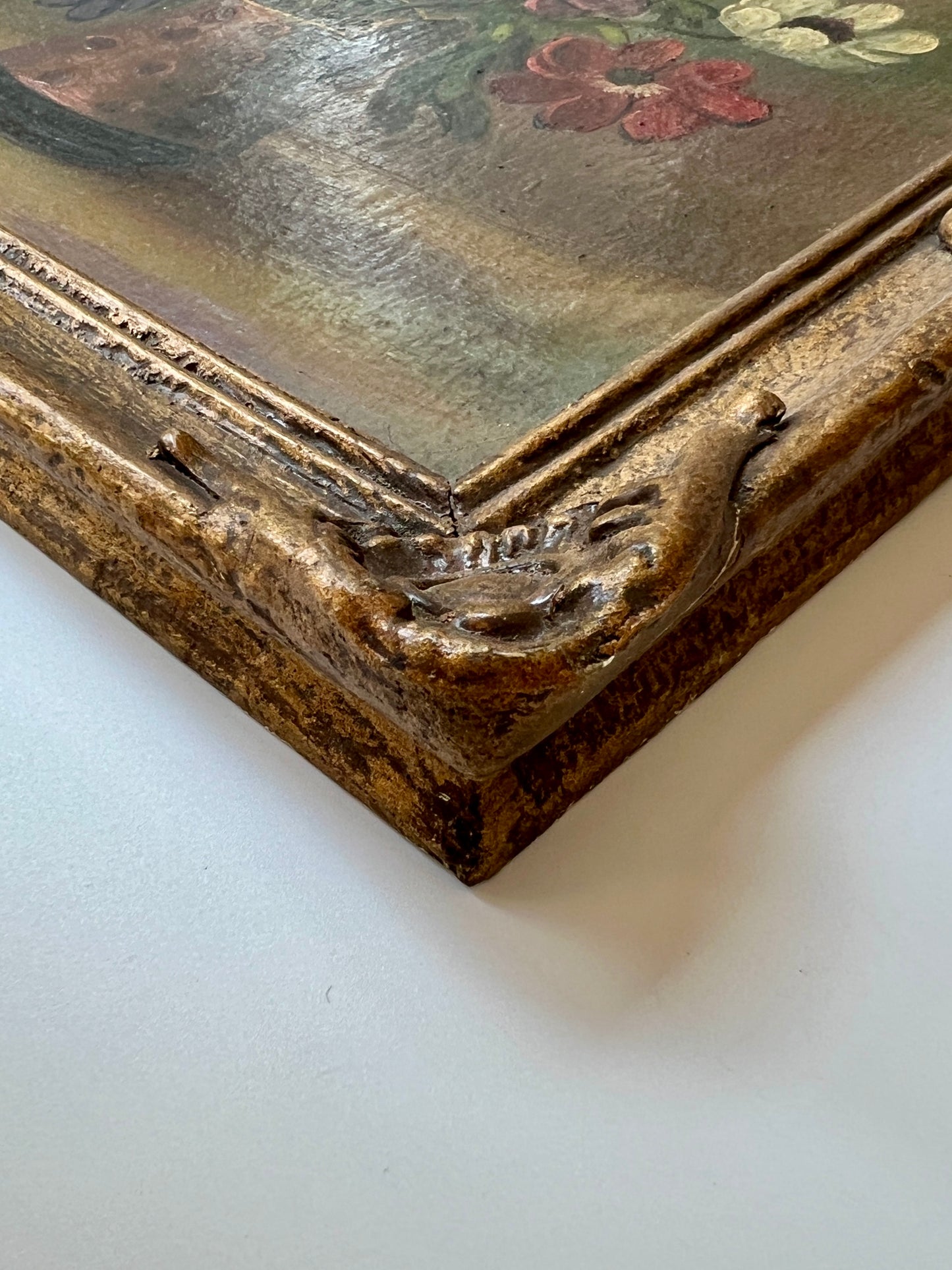 Antique Early 20th century Anenomes in Polka Dot Vase Still Life Oil Painting in Original Gold Frame