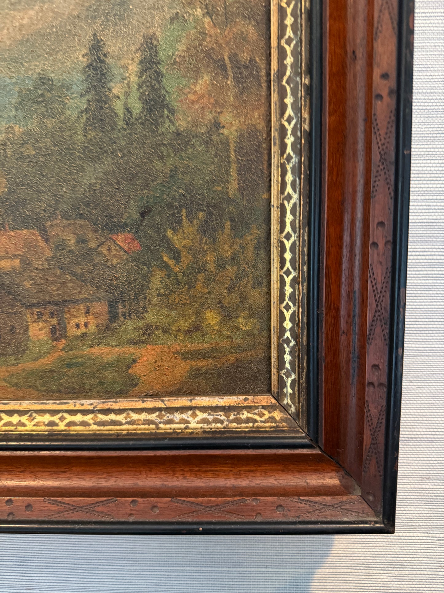 19th Century European Landscape Oil Painting in Eastlake Gold Wood Frame