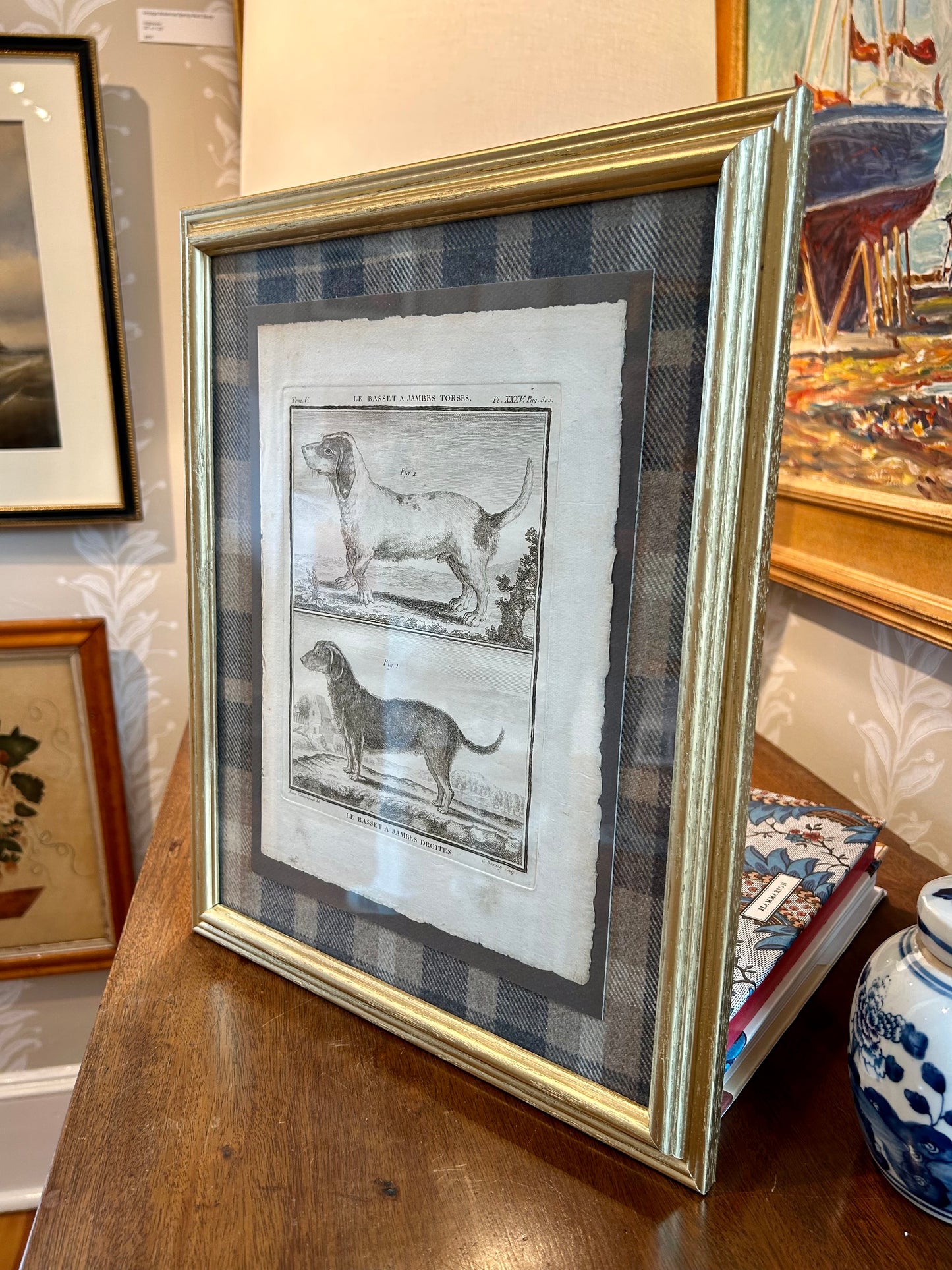 19th Century Lithograph Le Basset Dog Portrait on Blue Plaid Wool in Gold Frame