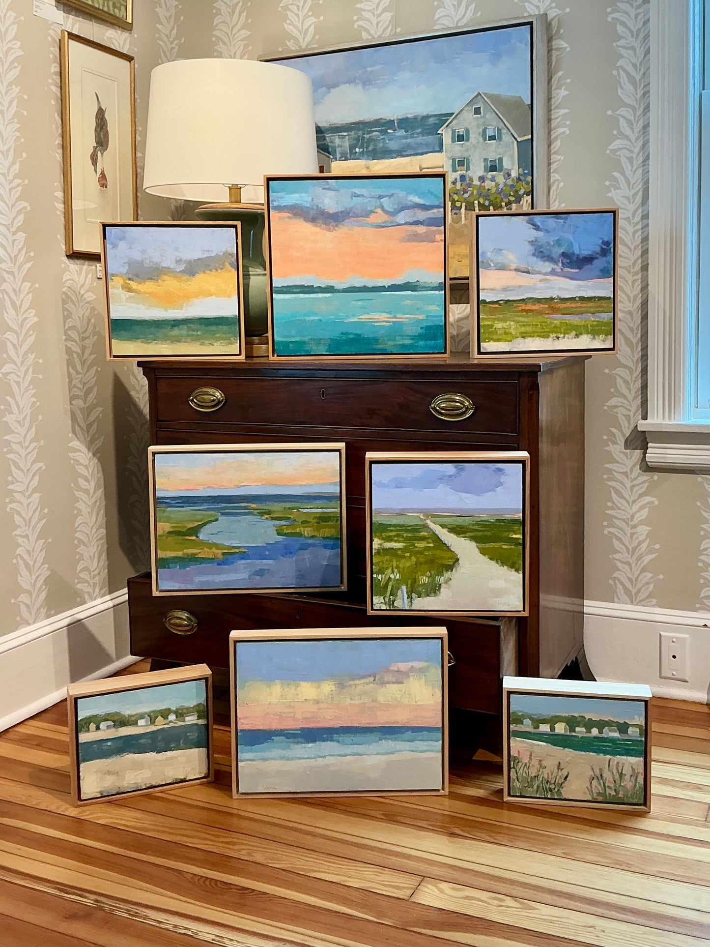 Carol Lesher Into The Wind Coastal Landscape Oil Painting in Natural Wood Frame