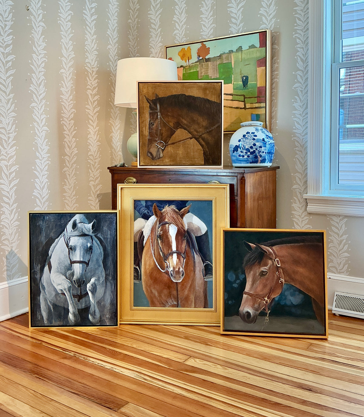 Andrea Hennings Horse And Rider Portrait Painting in Gold Frame