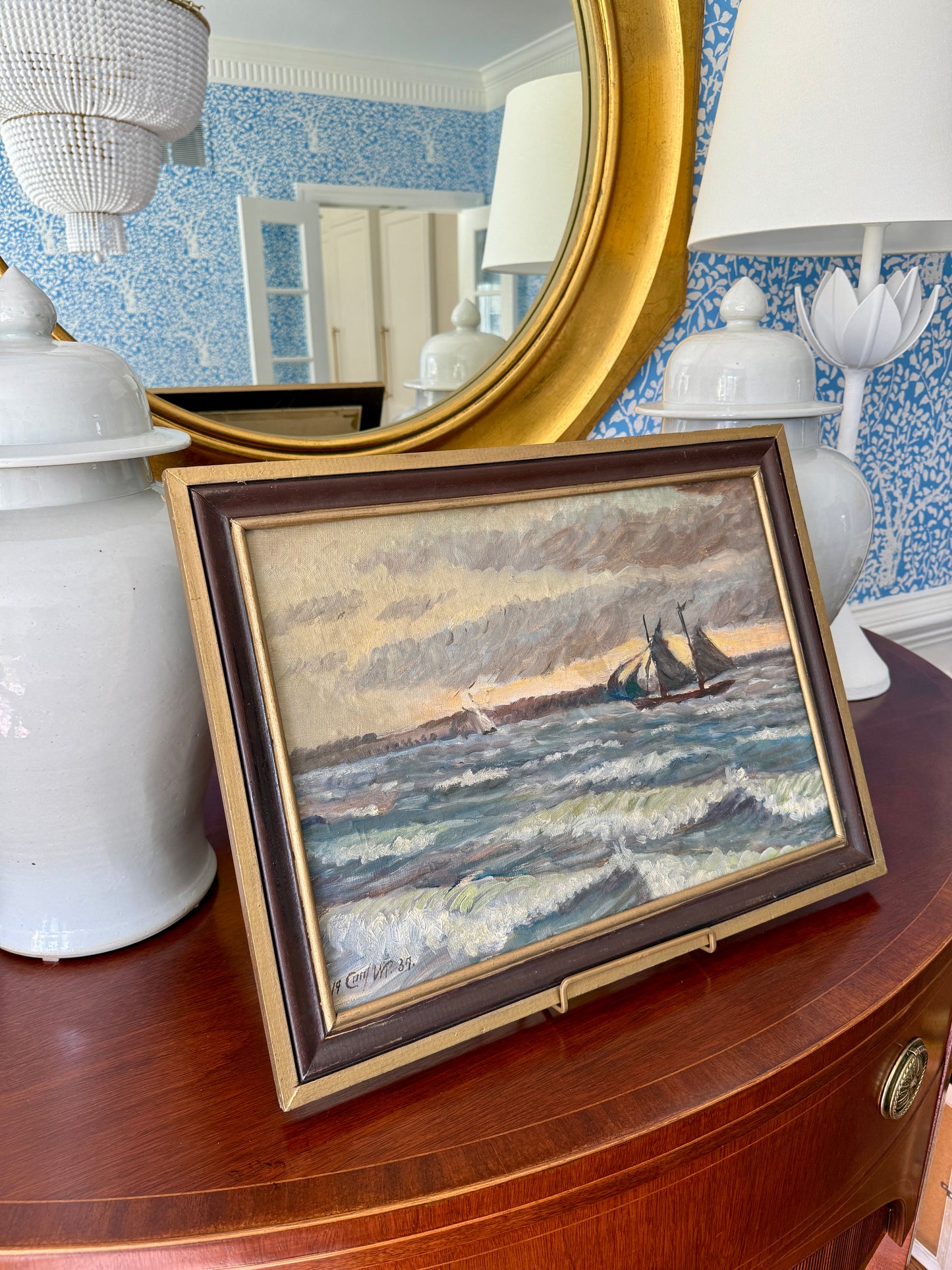 1937 Sailboats in Seascape Oil Painting in Painted Wood Frame
