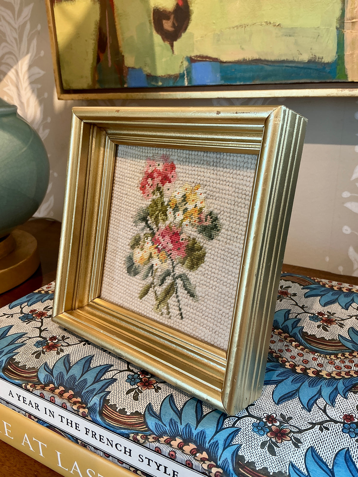 Vintage Floral Needlepoint in Gold Frame