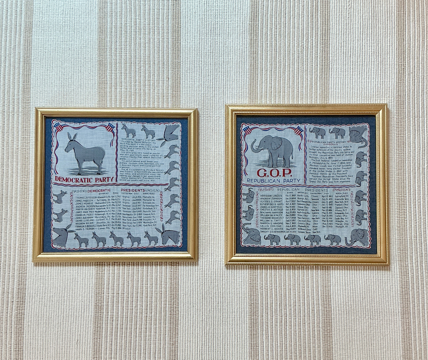 Vintage Framed Americana Republican Party Handkerchief on Chambray in Gold Frame