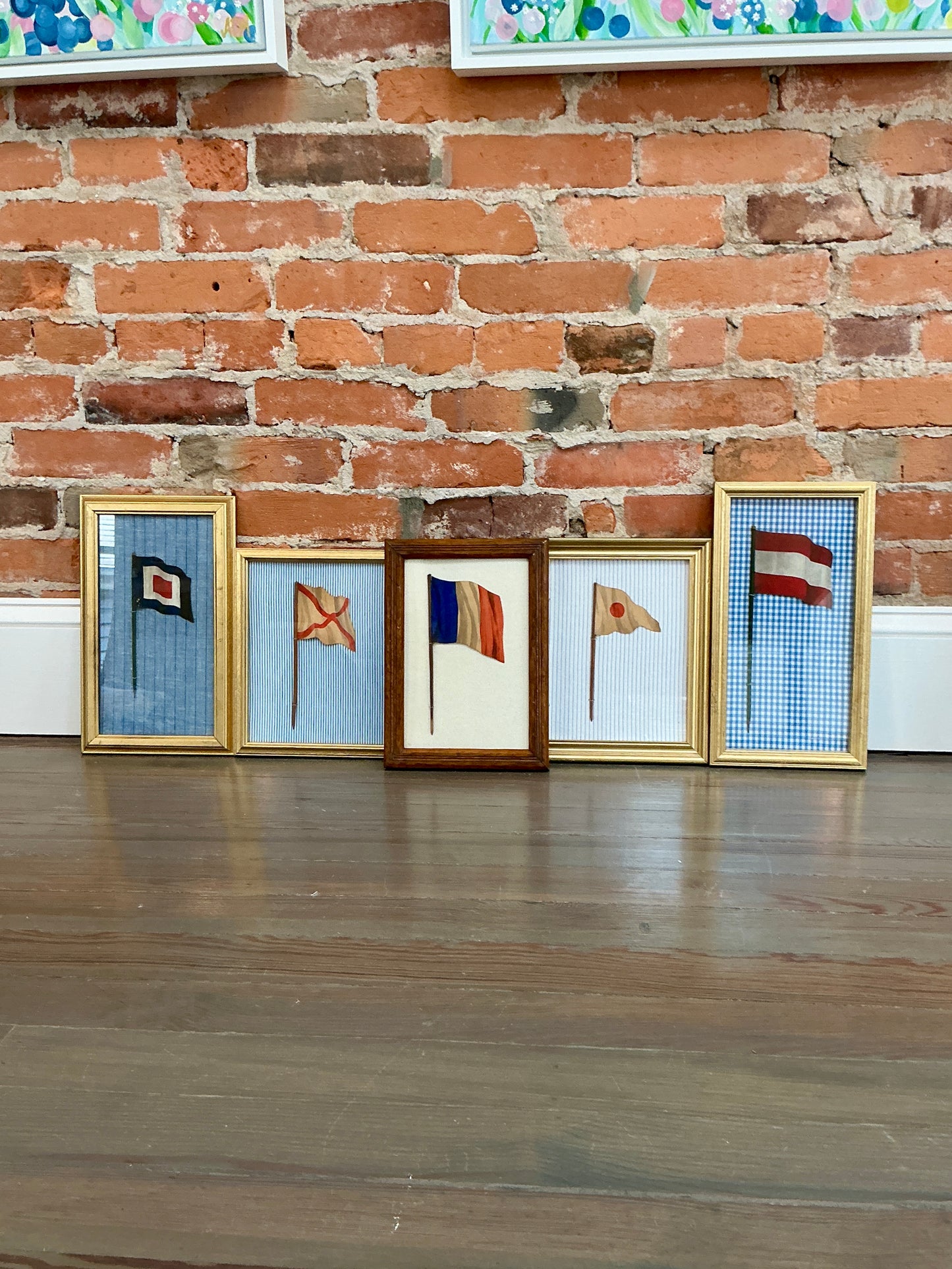 Antique French Flag Oil Painting on Ivory Duck Cloth in Oak Wood Frame