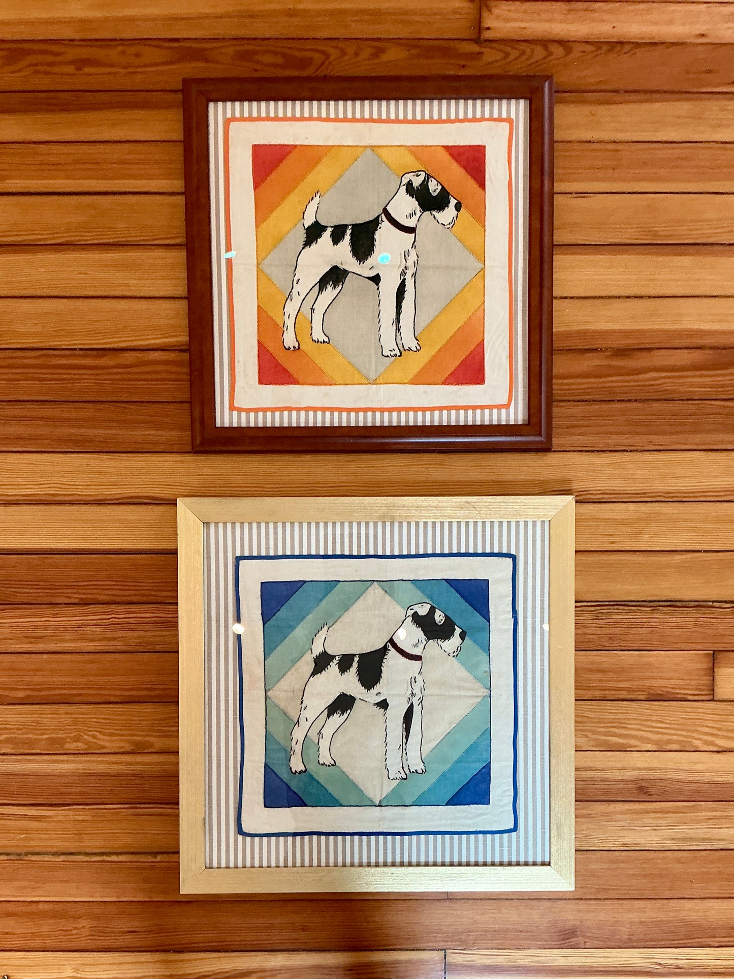 Vintage Handmade Wire Fox Terrier Embroidery on Taupe Stripes in Gold Frame