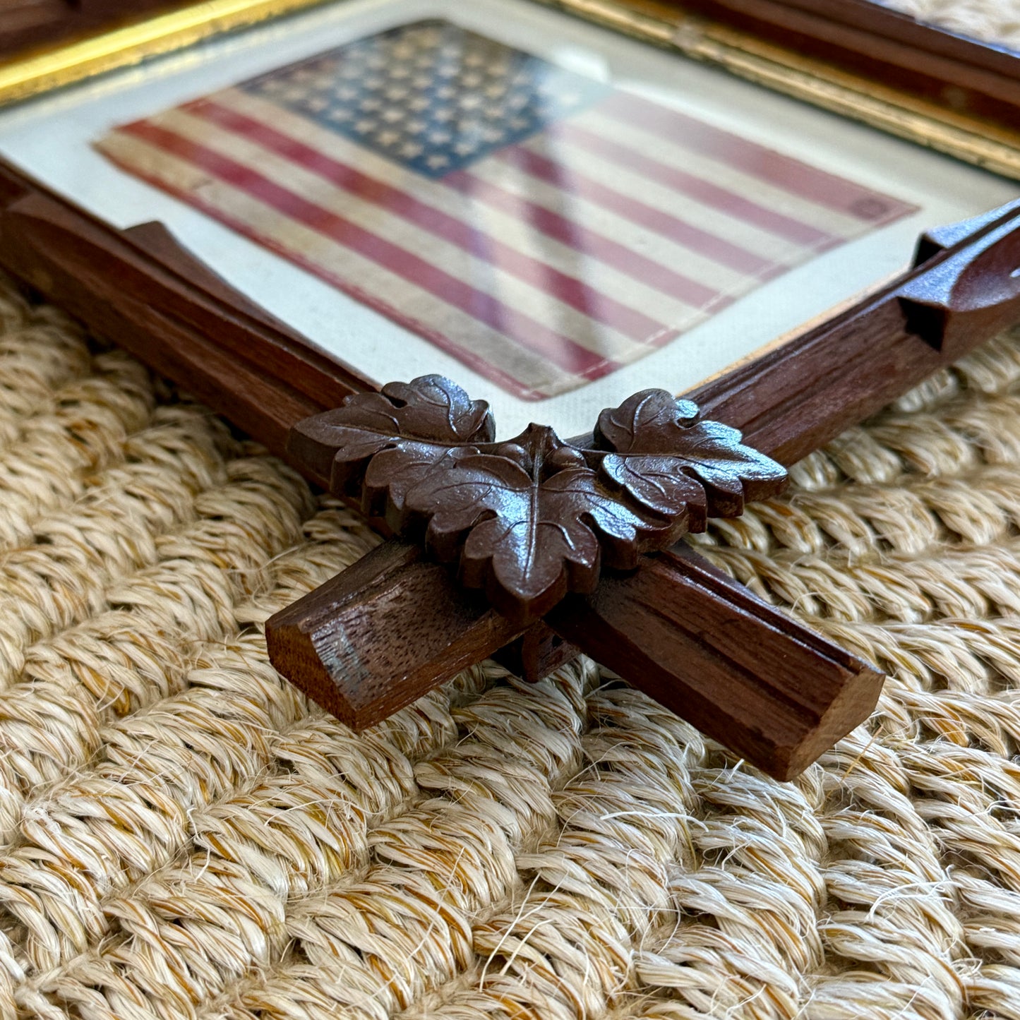 Vintage 48 Star American Flag in 19th C. Oak Leaf Wood Frame