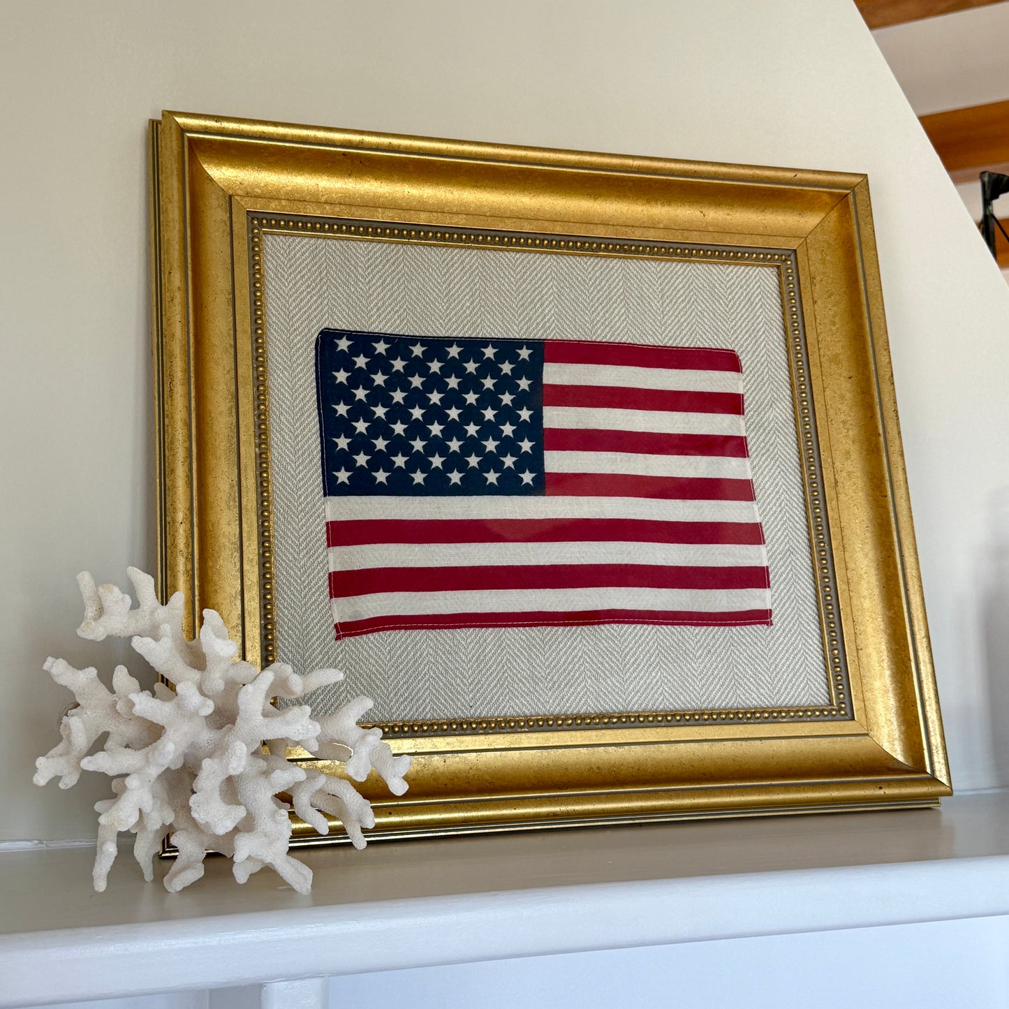 Vintage 50 Staggered Star American Flag on Neutral Heringbone Fabric in Gold Frame