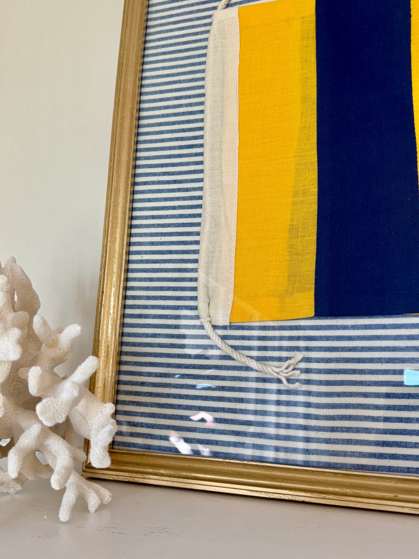 Vintage Cotton Canvas Nautical Yachting "G" Signal Flag on Blue Ticking Stripe in Gold Frame