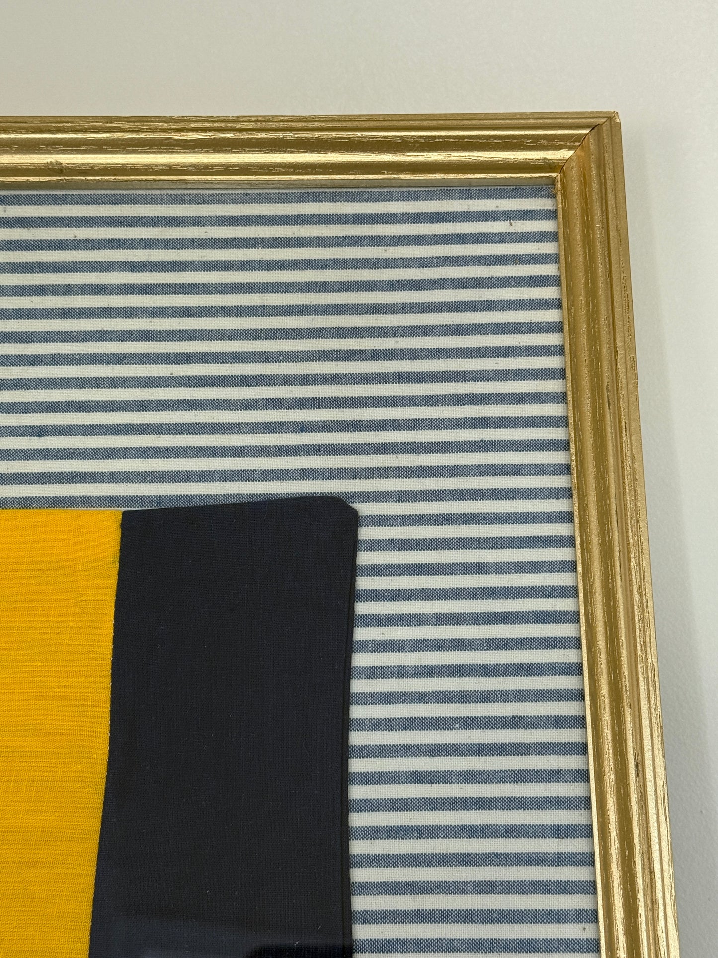 Vintage Cotton Canvas Nautical Yachting "G" Signal Flag on Blue Ticking Stripe in Gold Frame