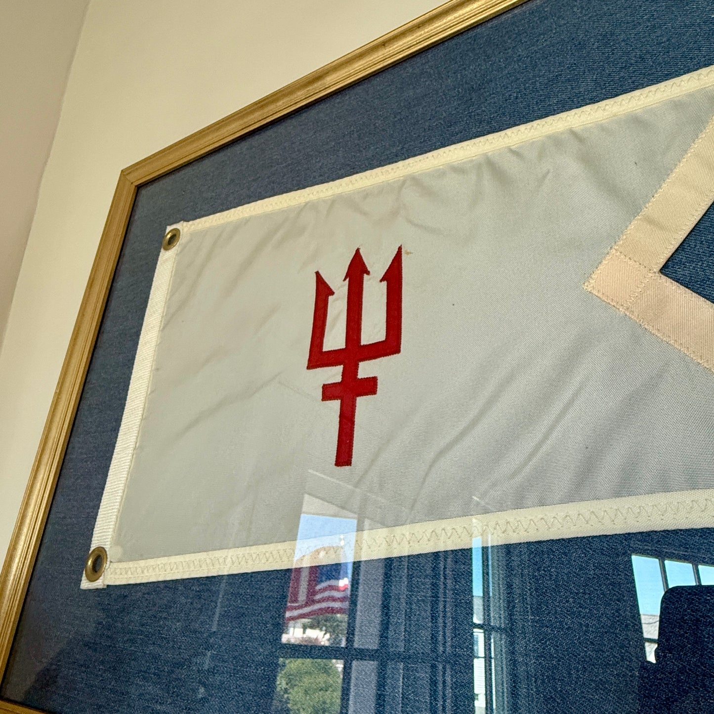 Vintage United States Power Squadron Boston Yacht Club Lieutenant Trident Flag Mounted on Blue in Gold Frame