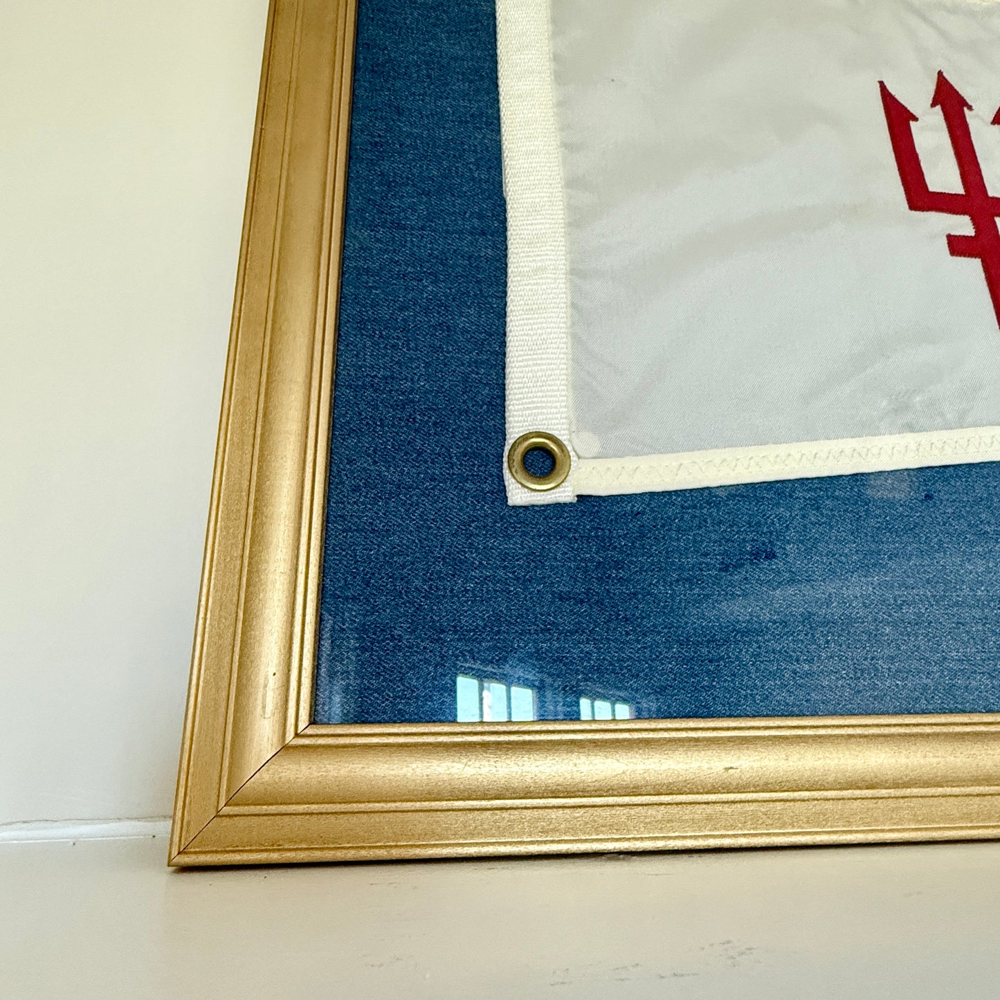 Vintage United States Power Squadron Boston Yacht Club Lieutenant Trident Flag Mounted on Blue in Gold Frame