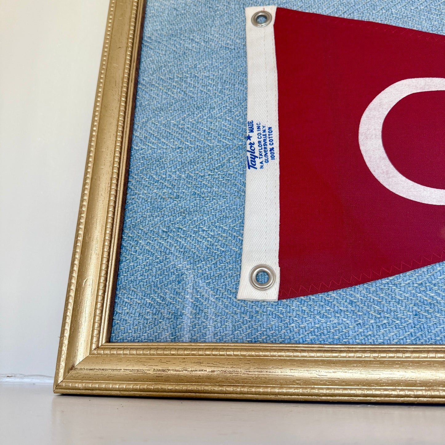 Vintage Red "C" Initial Burgee Nautical Flag on Light Blue Herringbone in Gold Frame