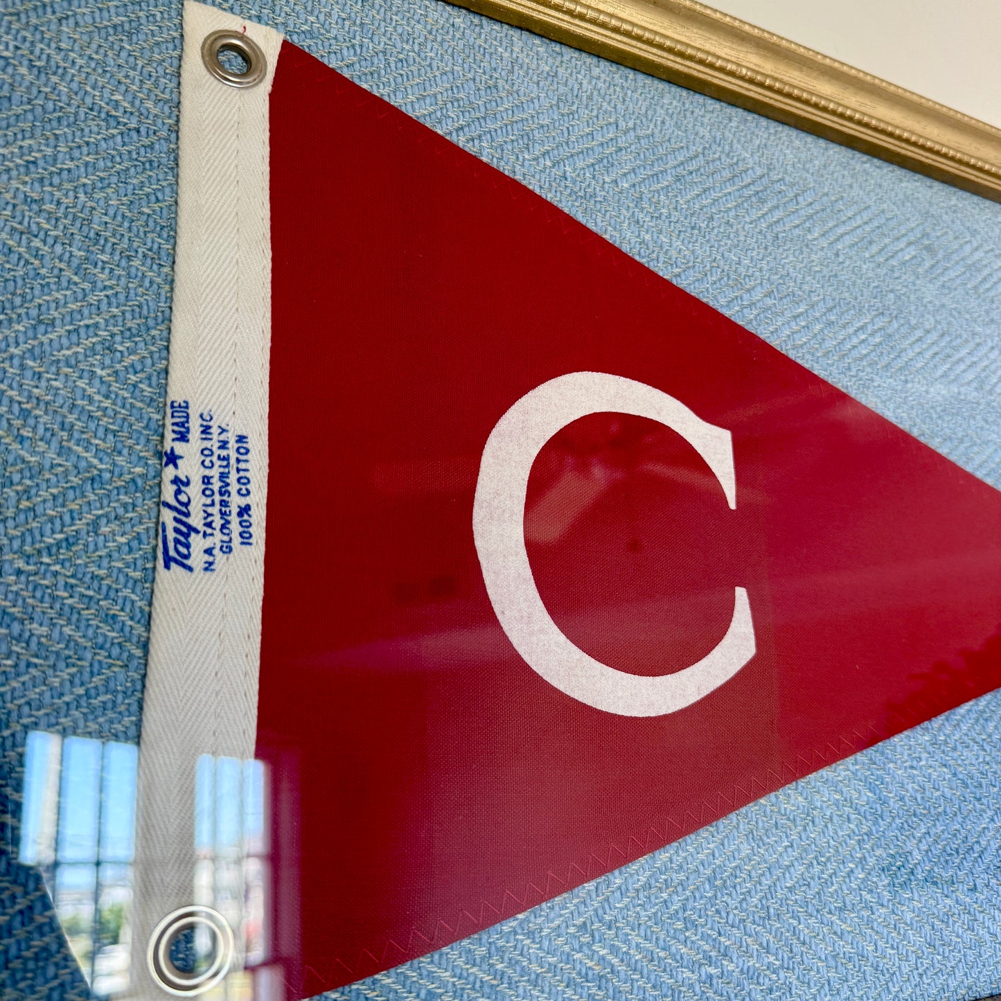 Vintage Red "C" Initial Burgee Nautical Flag on Light Blue Herringbone in Gold Frame