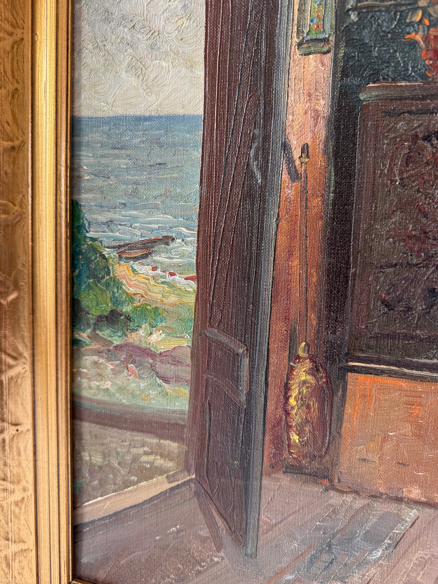 Farmhouse Colorful Interior Scene with Door Open to the Beach Oil Painting in Gold Frame