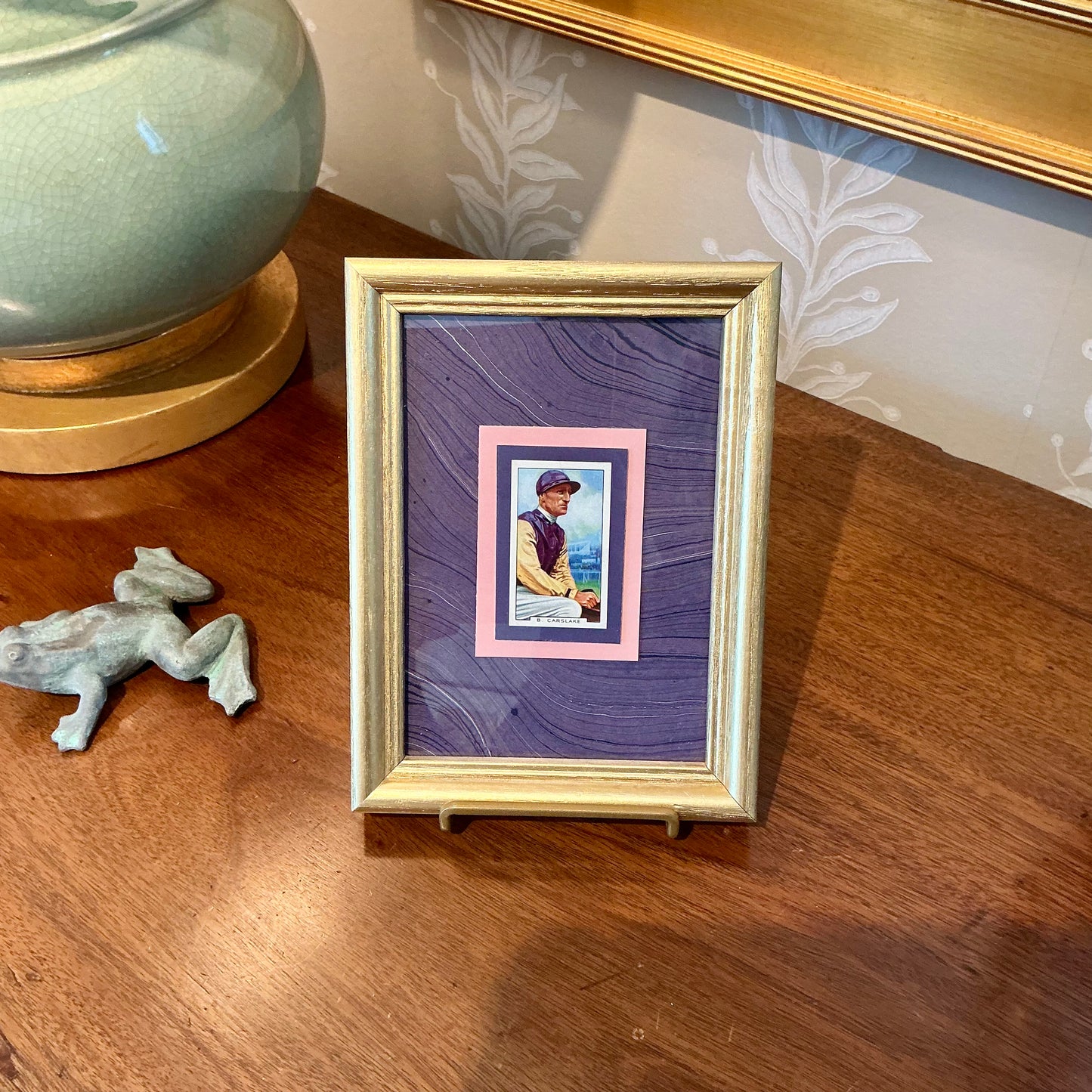 Set of 3 1936 Jockey Tobacco Cards on Purple Hand Marbled Mount in Gold Frames