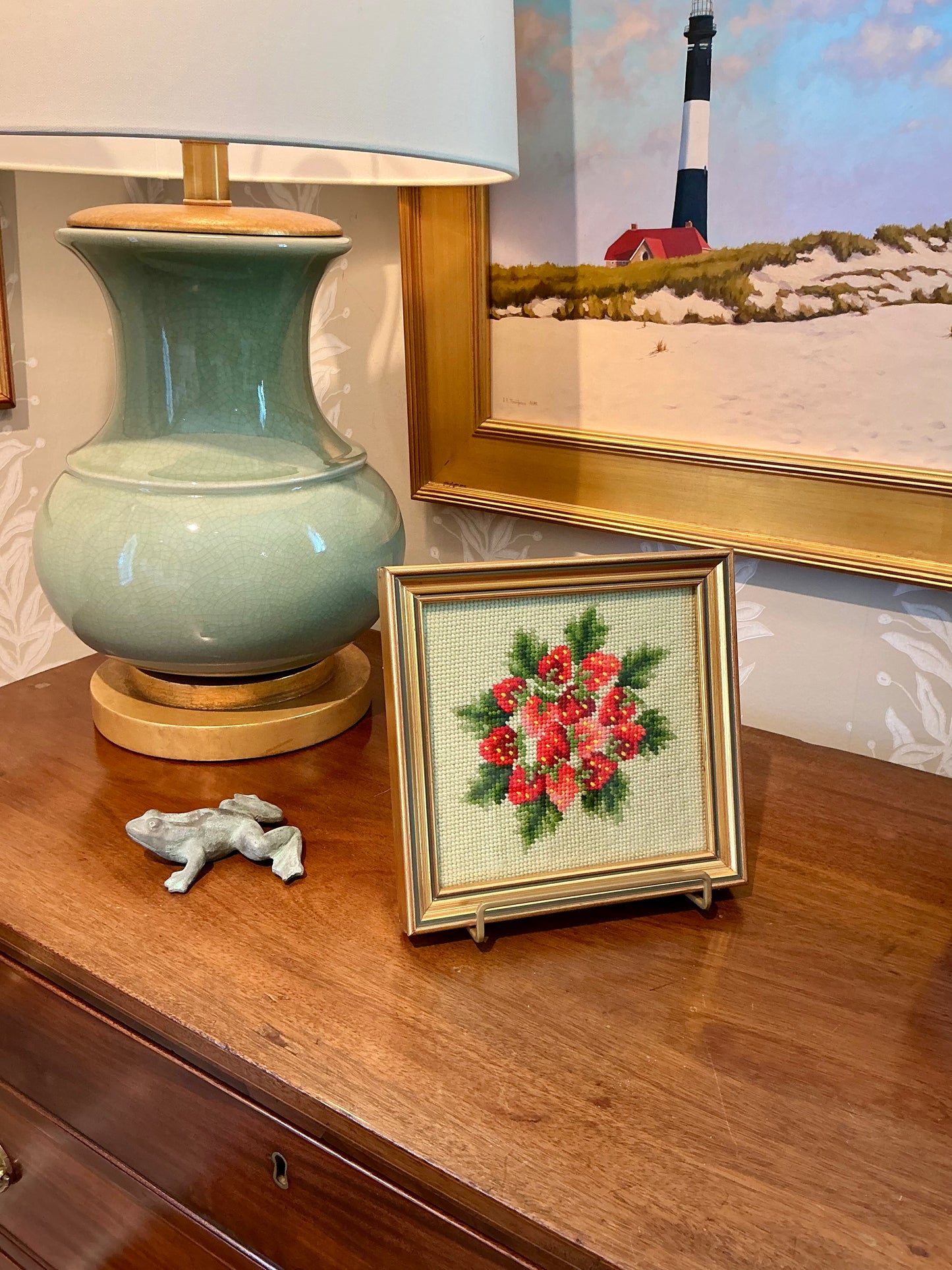 Vintage Strawberry Bunch Needlepoint in Gold Frame