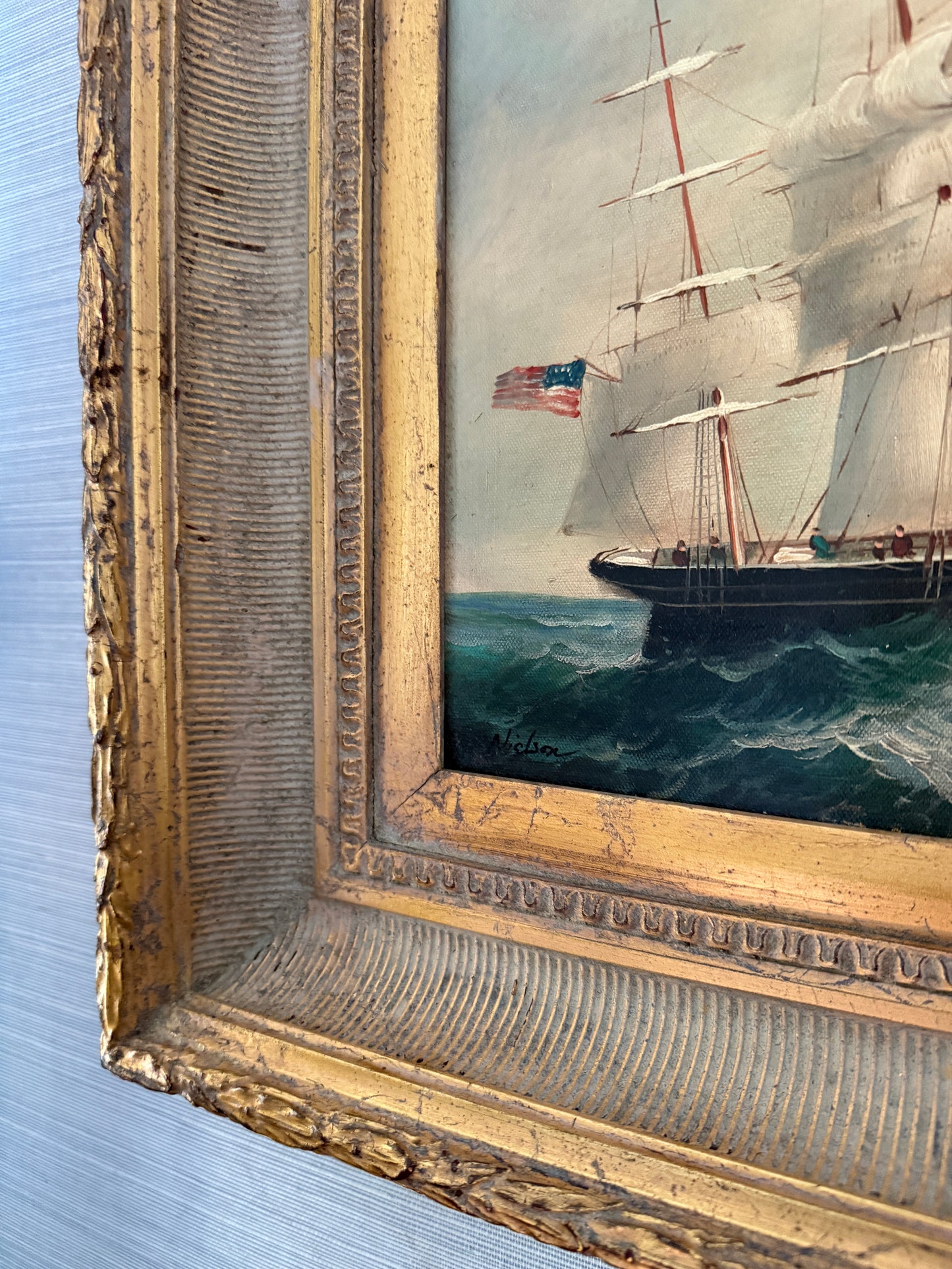 20th c. Clipper Sail Ship Portrait in Seascape Oil Painting in Gold Frame