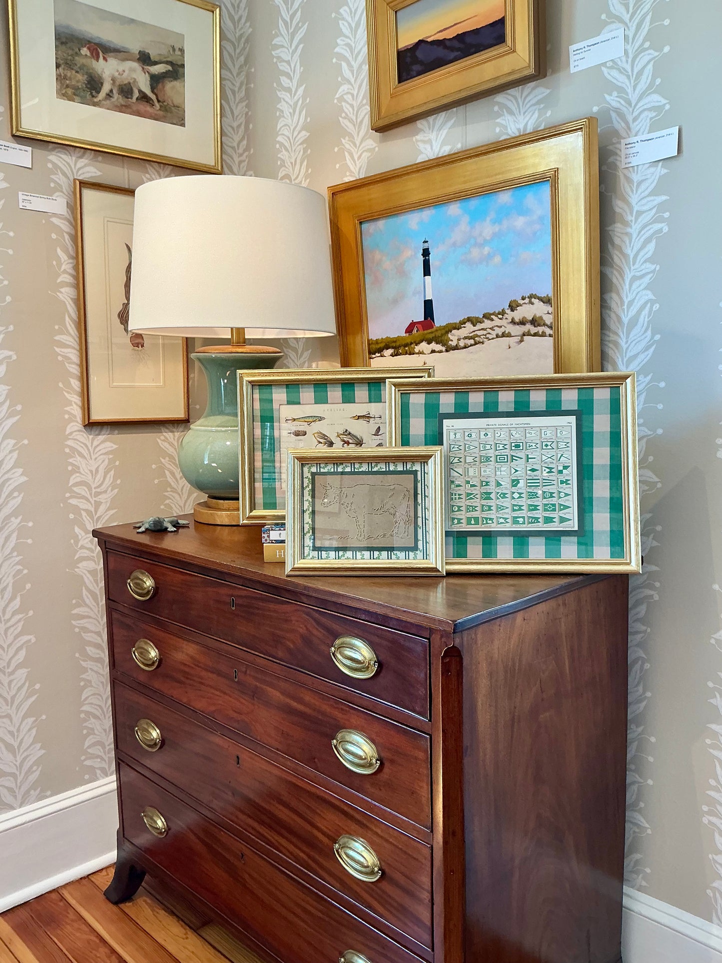 Vintage Cow Quilting Stencil on Green Ivy Stripes in Gold Frame