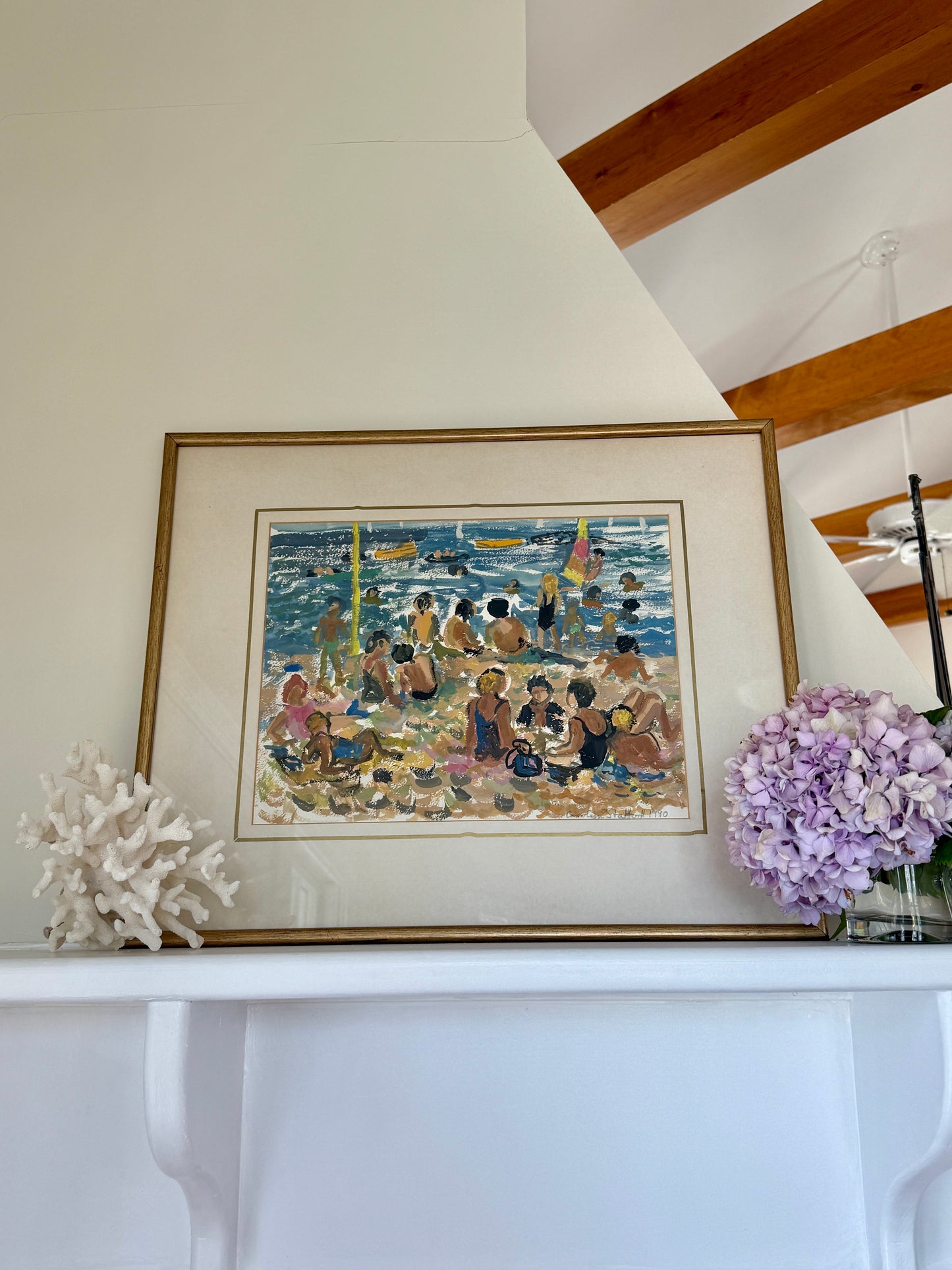 Vintage Carolyn Stafford Crowded Beach Seascape Painting in Gold Frame