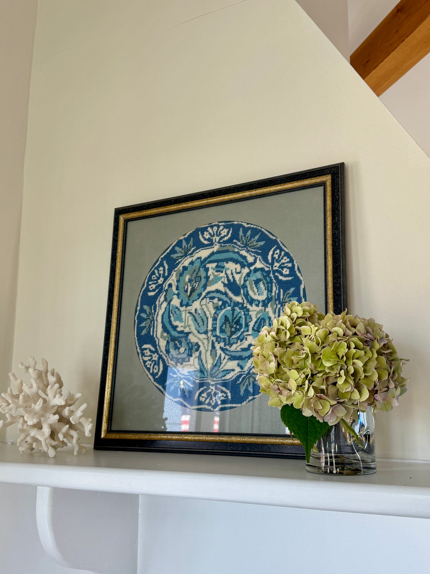 Vintage Blue and White Needlepoint Plate in Custom Frame