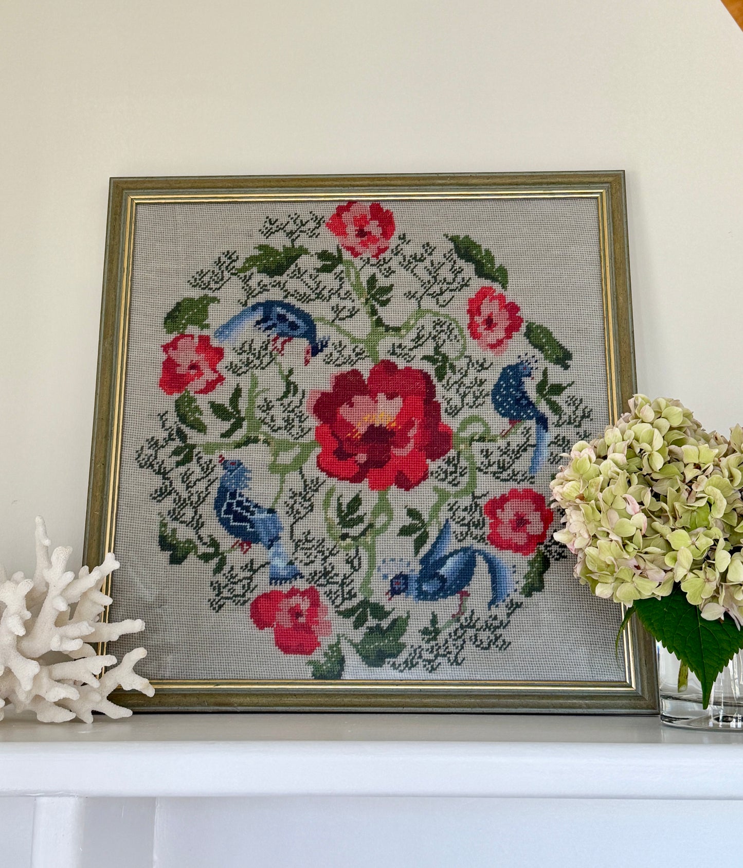 1937 Needlepoint Blue Peacocks and Roses in Blue Green and Gold Frame