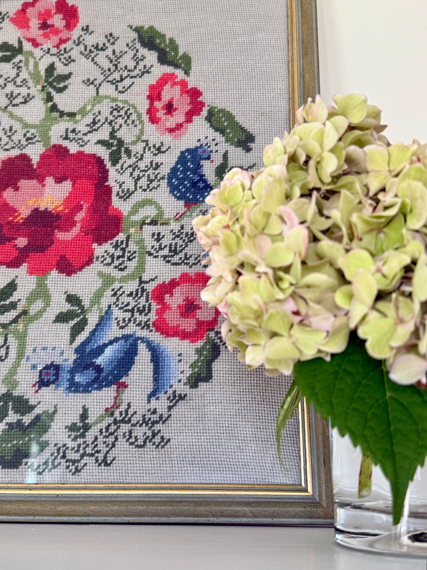 1937 Needlepoint Blue Peacocks and Roses in Blue Green and Gold Frame