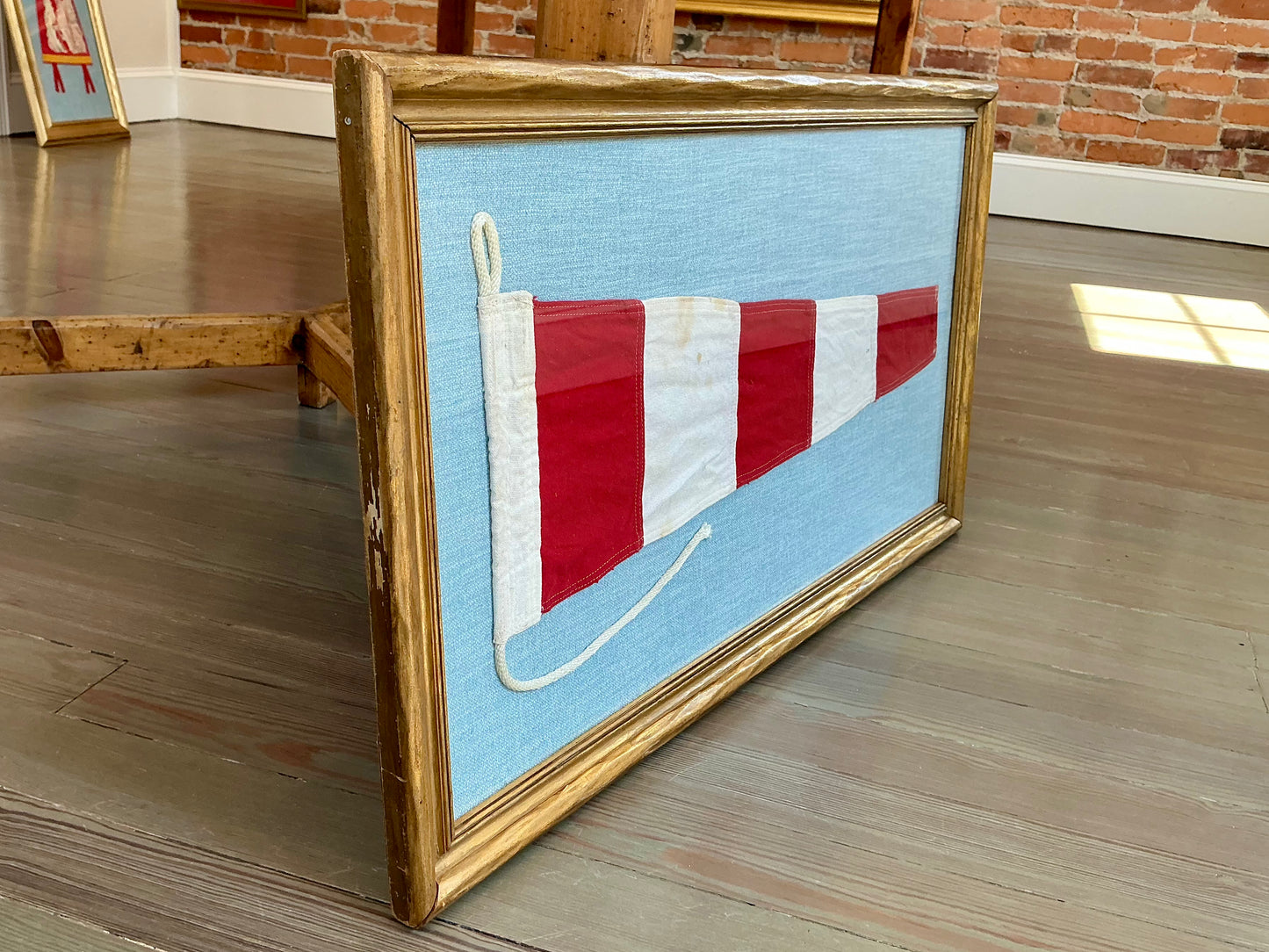 Vintage Red and White Striped Nautical Signal Flag on Blue Twill in Gold Frame