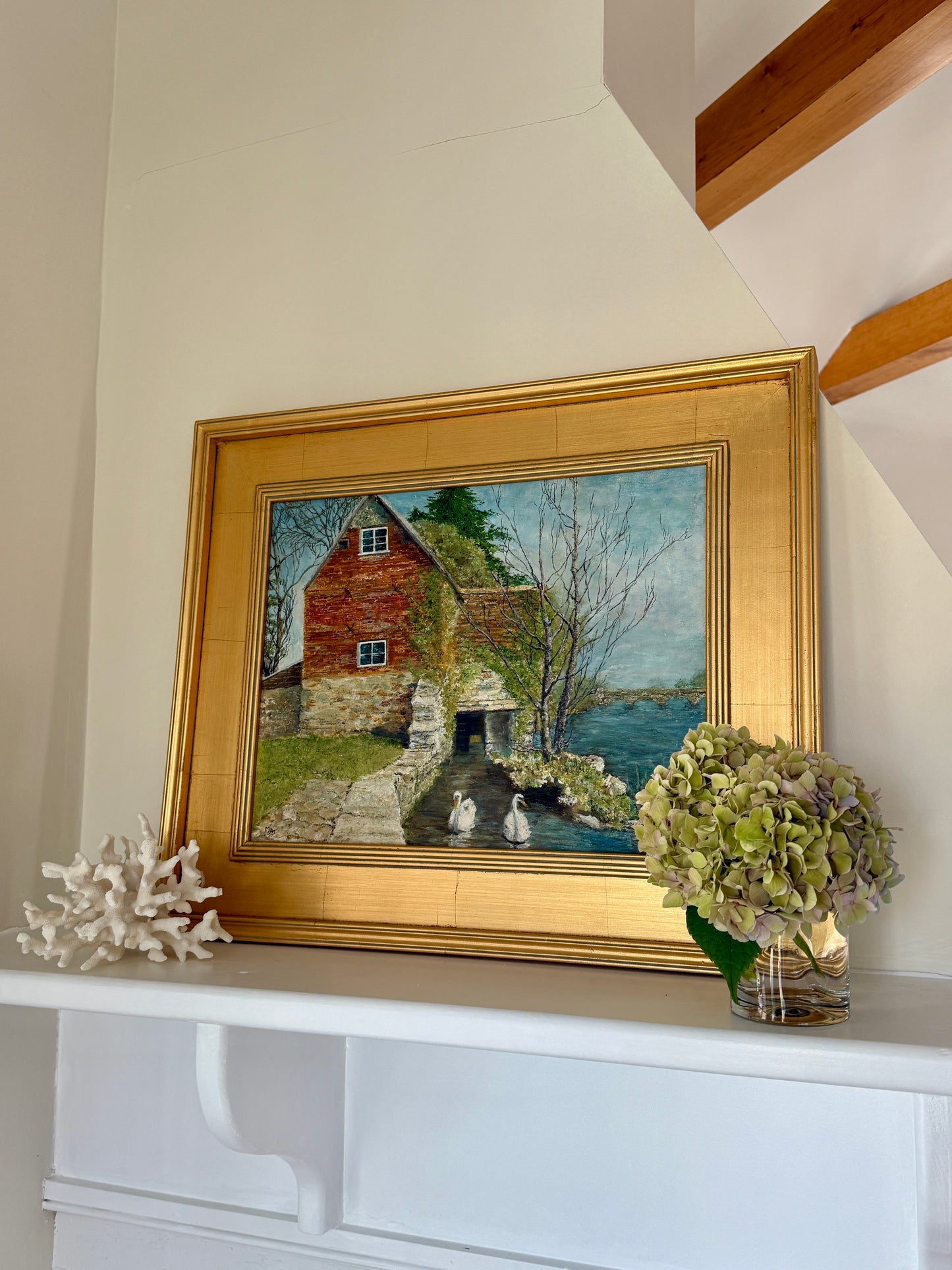 Vintage Swans on the Water Mill Painting Oil Painting in Gold Frame
