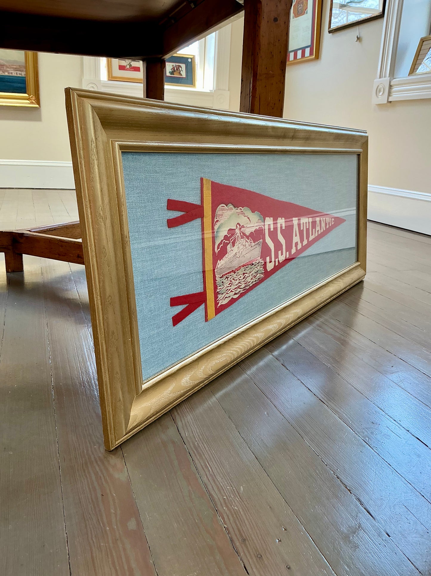 S.S. Atlantic Vintage Felt Naval Ship Pennant on Light Blue Twill in Gold Frame