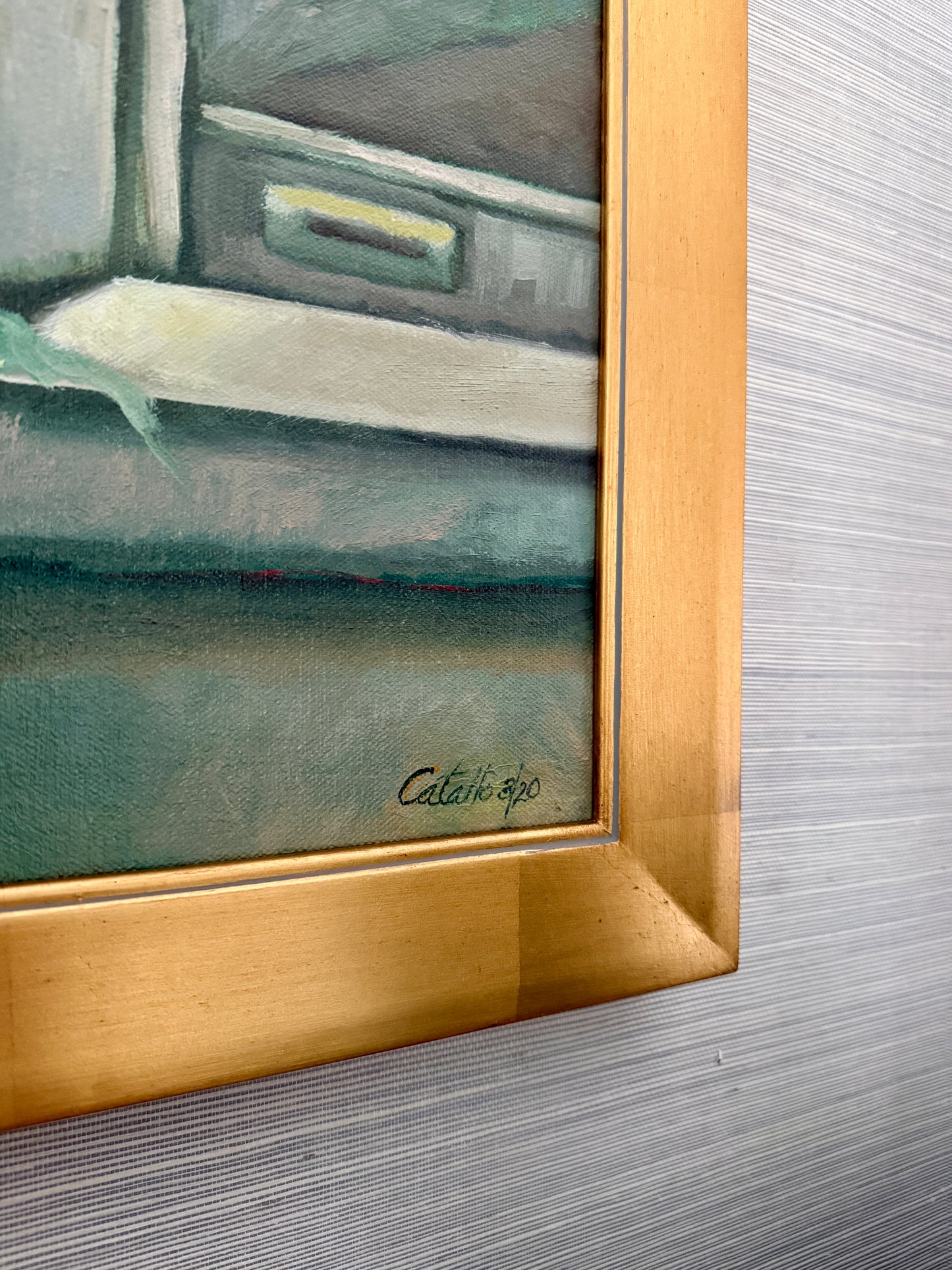 Nancy Catallo Open Window with Tulips Still Life Oil Painting in Gold Frame