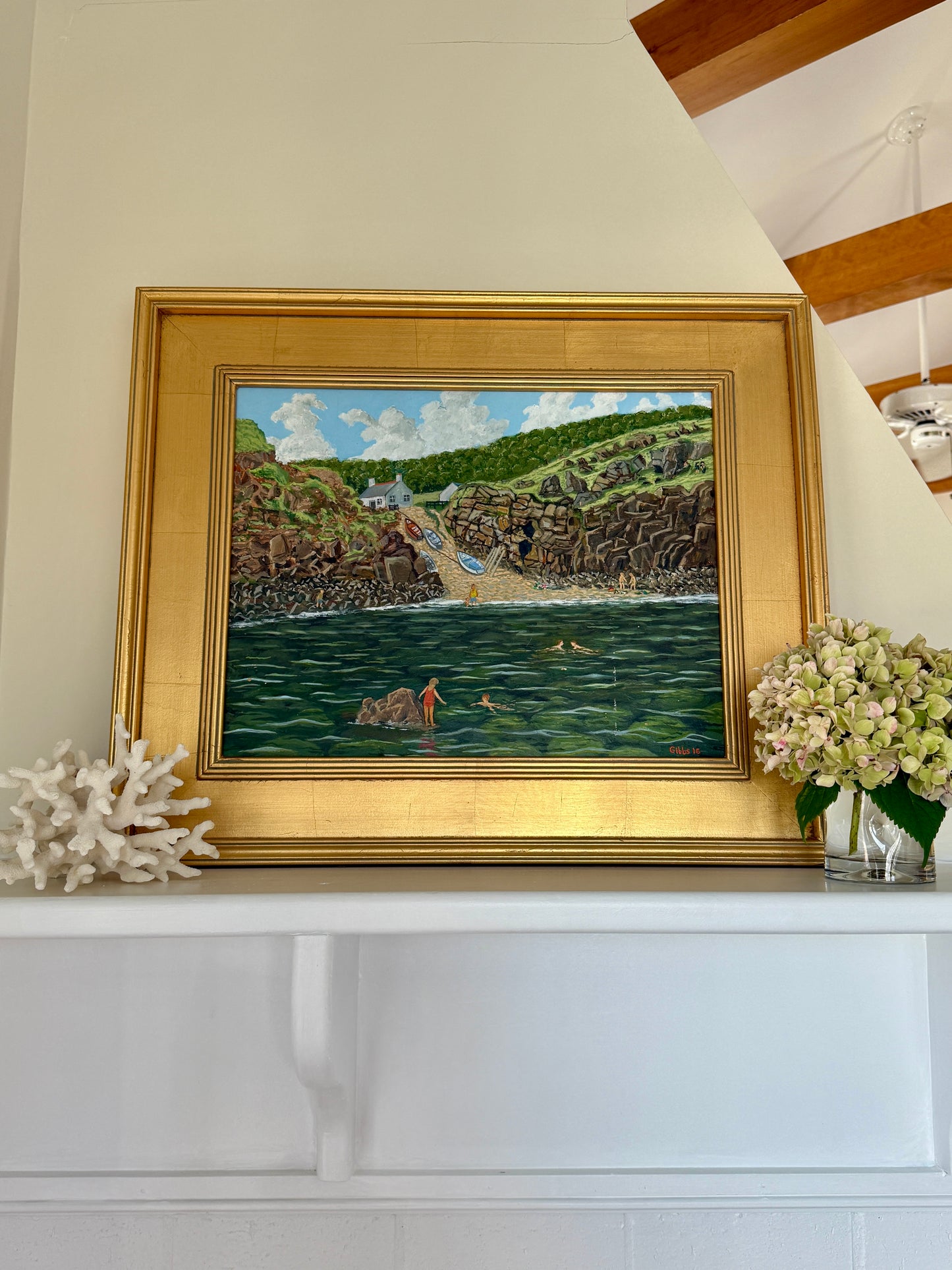 Summer Swimming in the Cove Coastal Landscape Oil Painting in Gold Frame