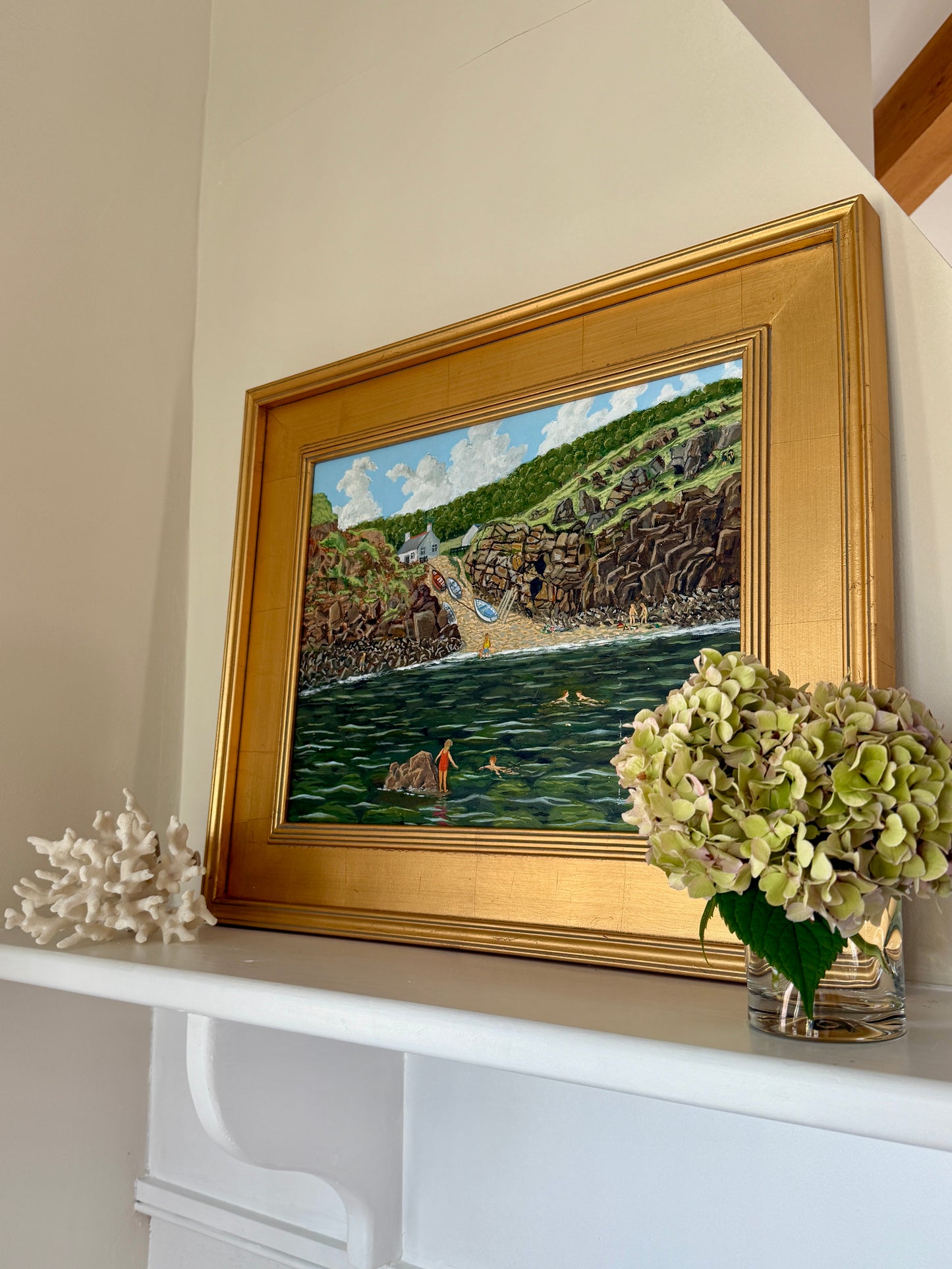 Summer Swimming in the Cove Coastal Landscape Oil Painting in Gold Frame