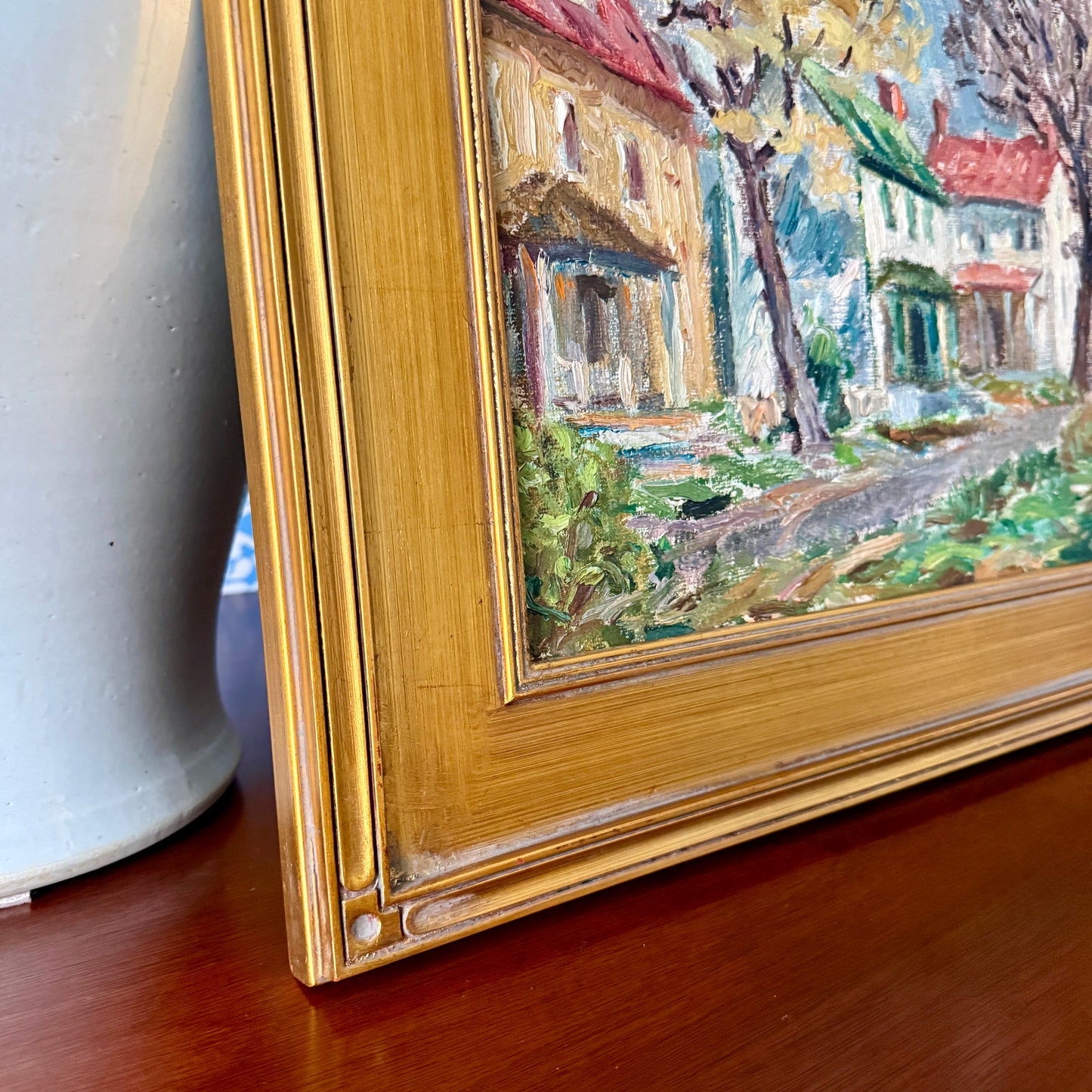 Early 20th Century Colorful Houses in Spring Townscape Oil Painting in Gold Frame